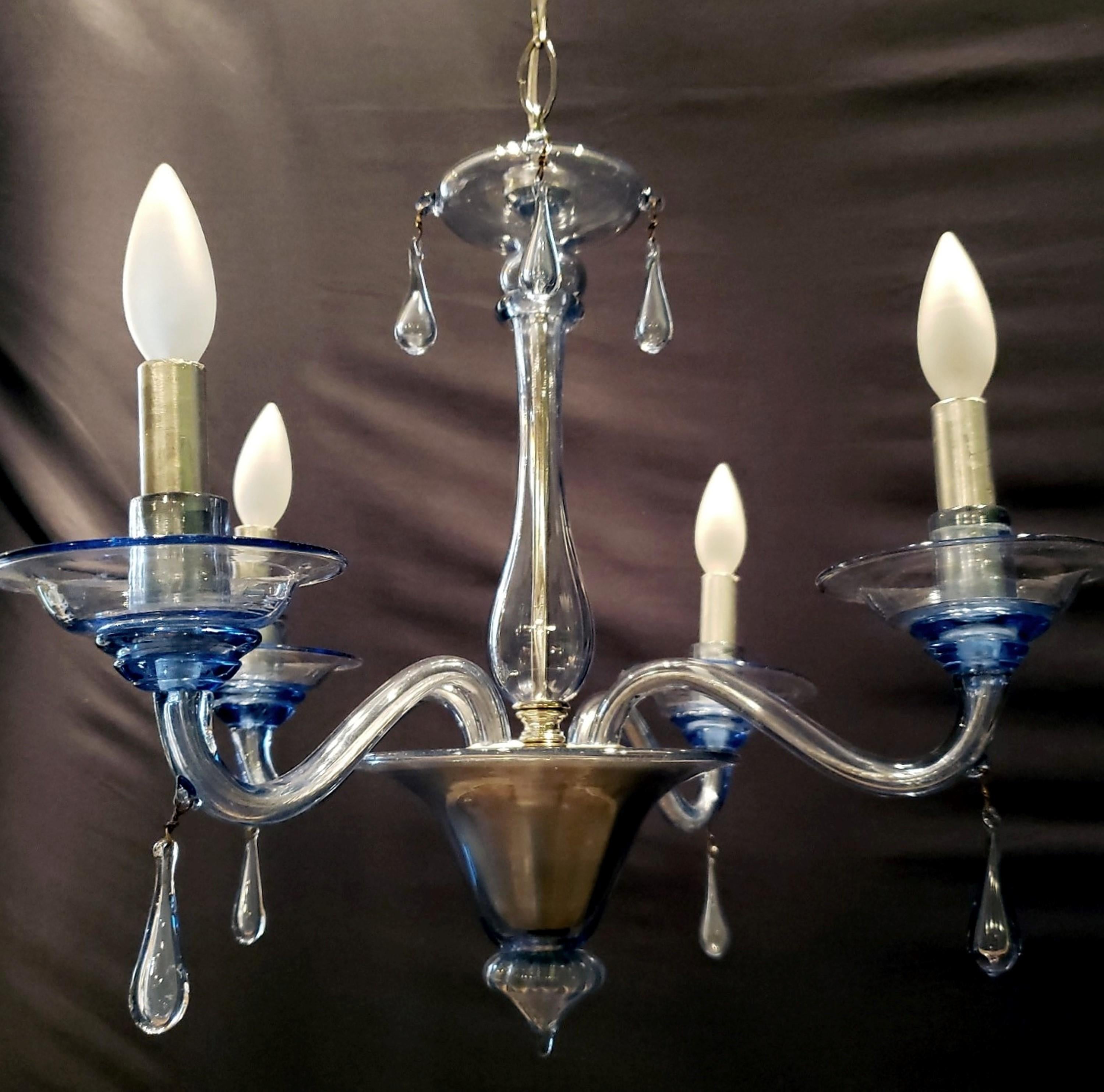 Italian Light Blue 4 Arm Murano Glass Chandelier For Sale