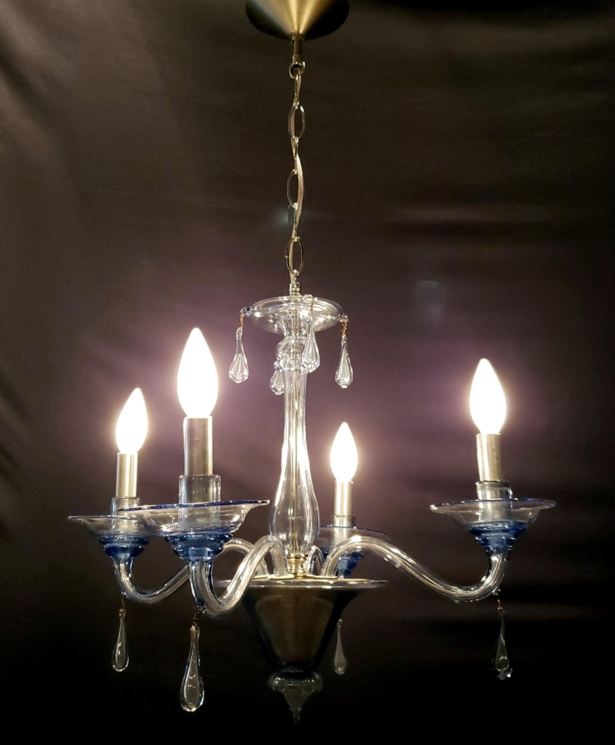 20th Century Light Blue 4 Arm Murano Glass Chandelier For Sale