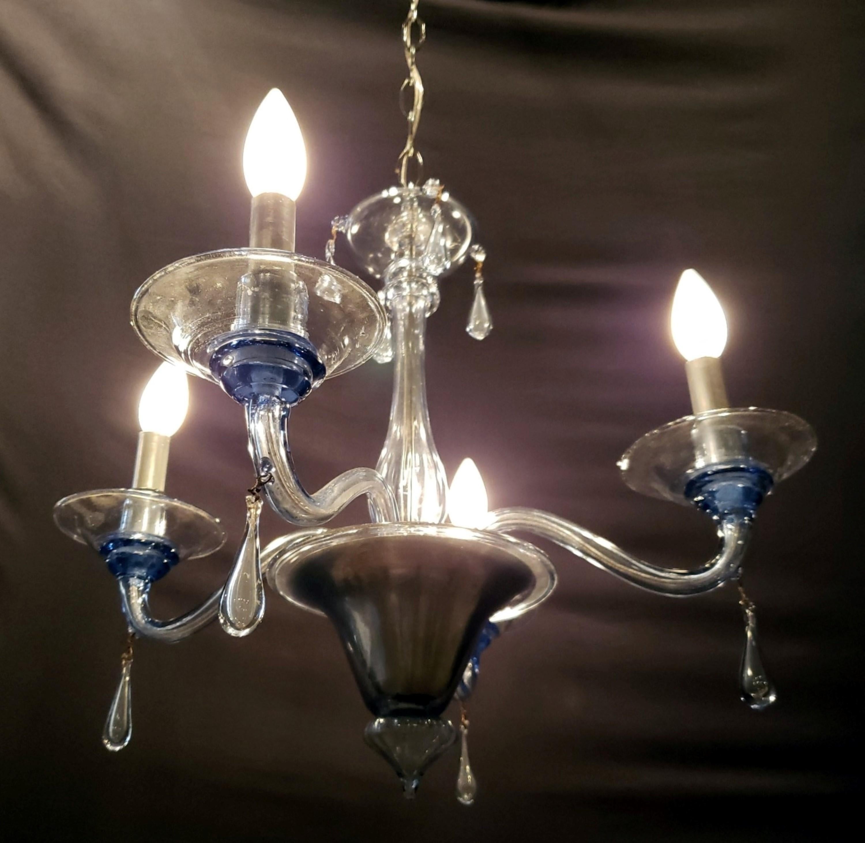 Metal Light Blue 4 Arm Murano Glass Chandelier For Sale