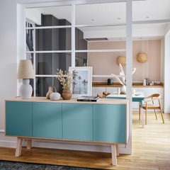 French Light Blue 4-Door Wooden Hand-Crafted Sideboard by Eric Gizard - Paris