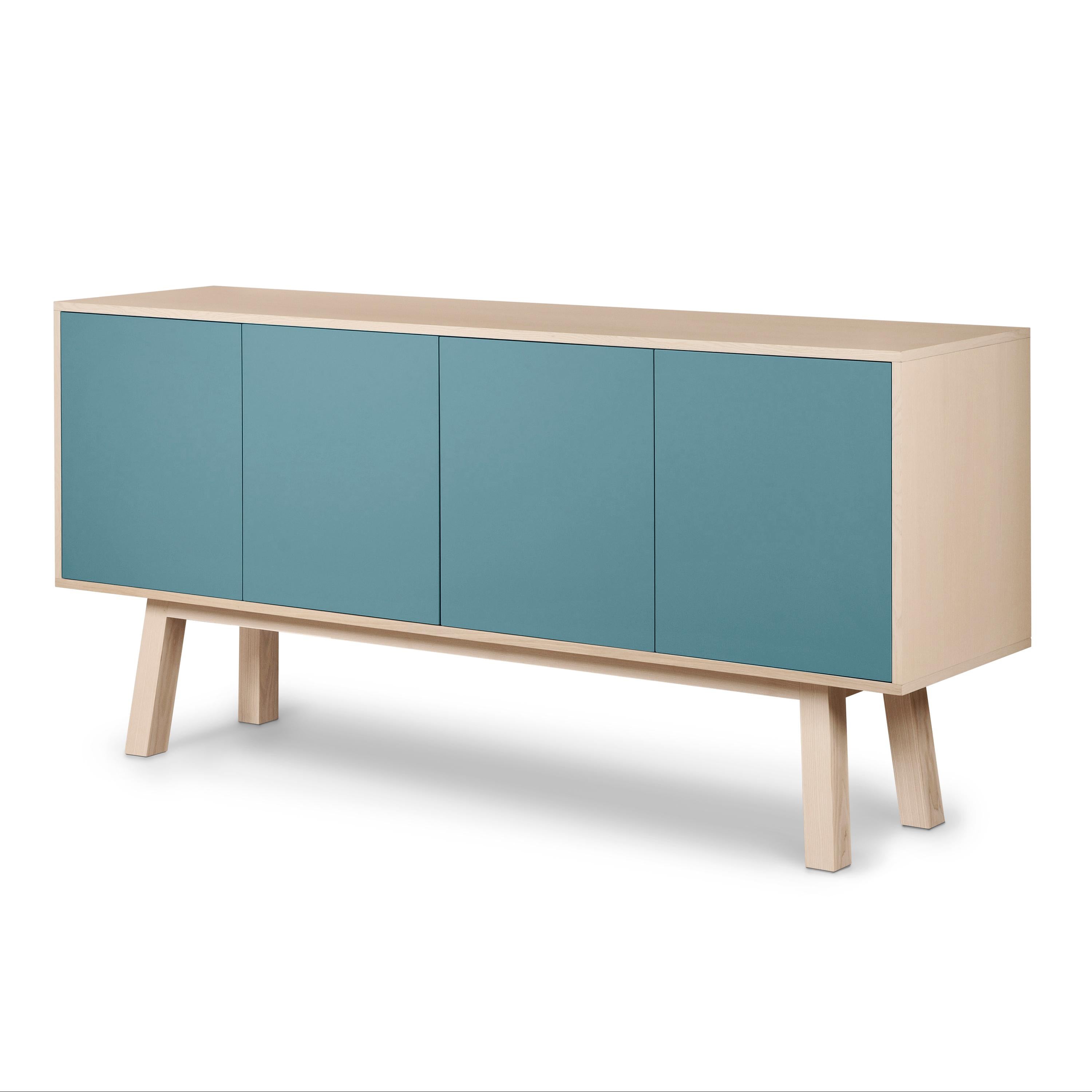 French Light Blue 4-Door Sideboard Kube in Ash Wood, Design by Eric Gizard, Paris For Sale
