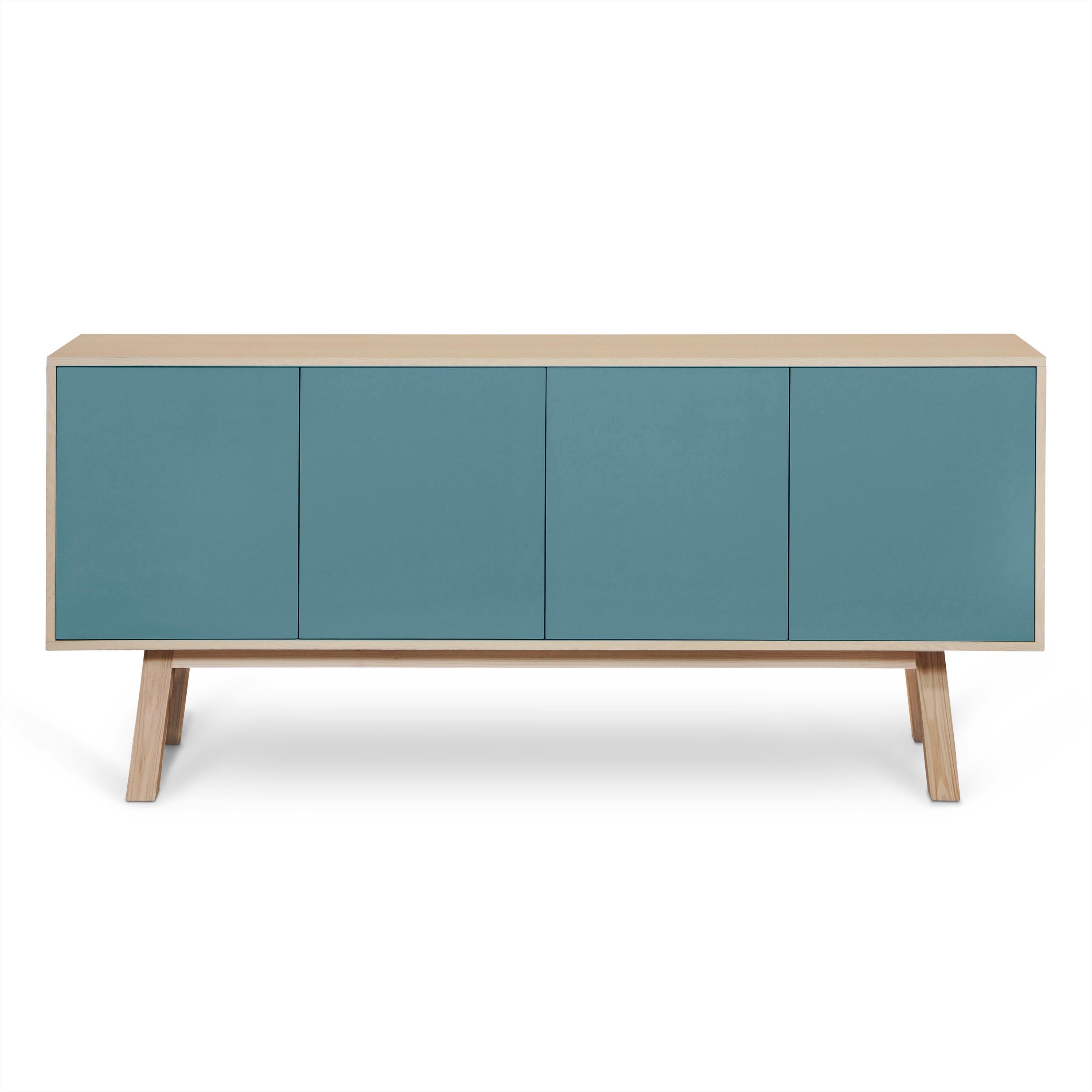 Woodwork Light Blue 4-Door Sideboard Kube in Ash Wood, Design by Eric Gizard, Paris For Sale