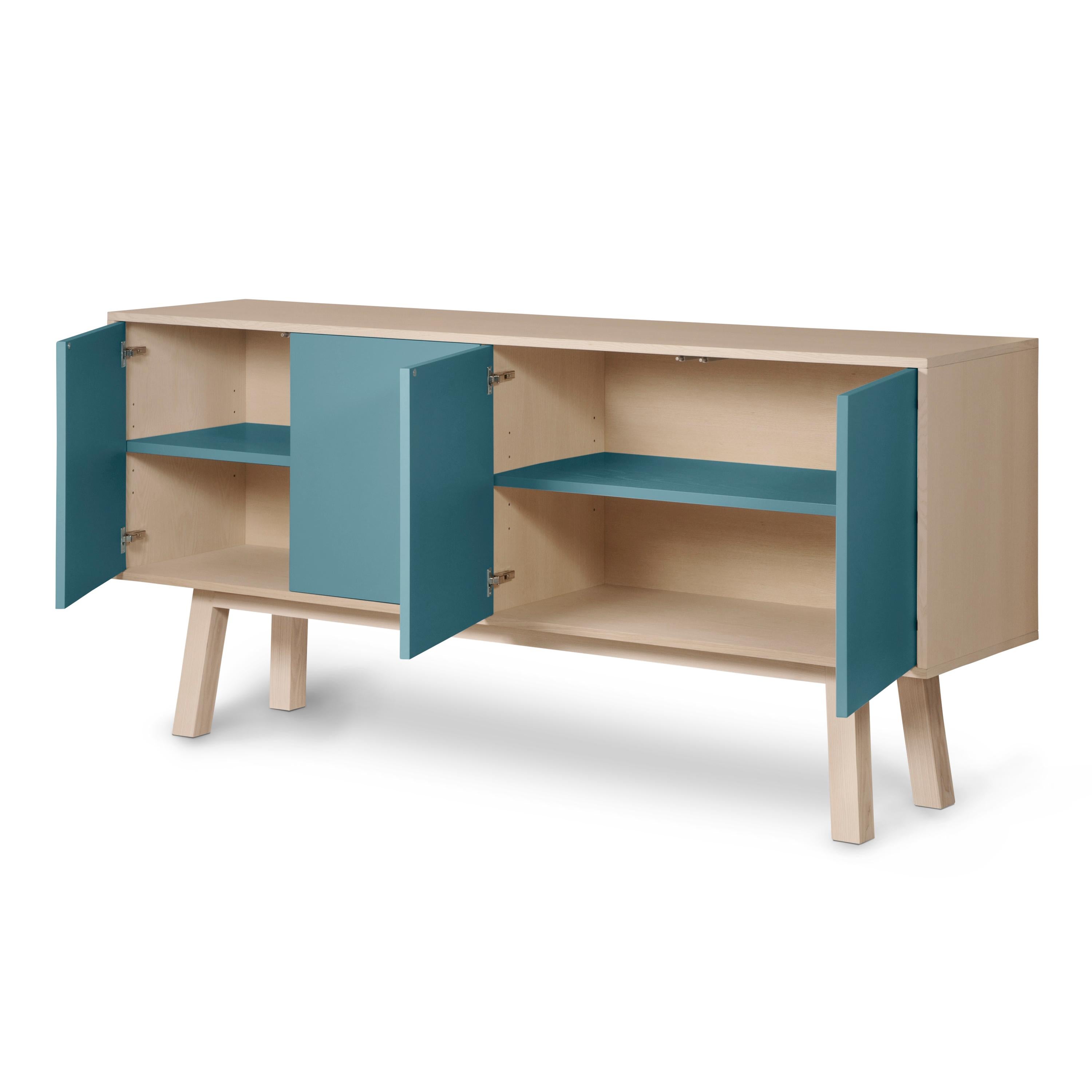 Light Blue 4-Door Sideboard Kube in Ash Wood, Design by Eric Gizard, Paris For Sale 1