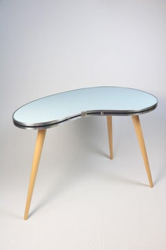 Light Blue 50s Style Side Table, Kidney Shaped, 3 Legs, Pastel Linoleum