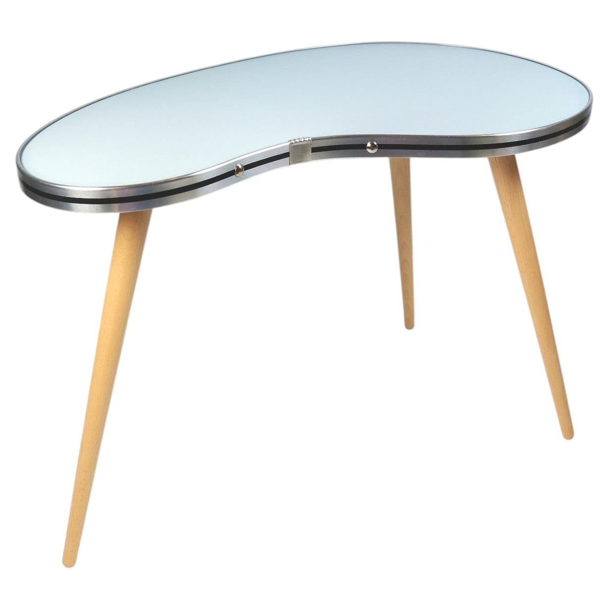Light Blue 50s Style Side Table, Kidney Shaped, 3 Legs, Pastel Linoleum For Sale