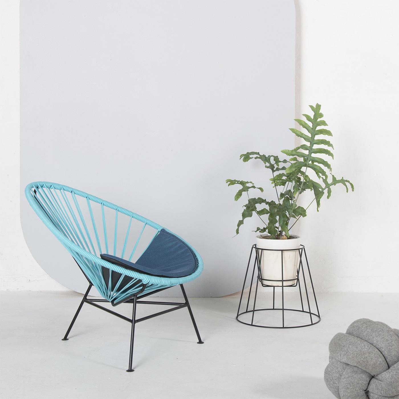 Light Blue Acapulco Mini Chair With Petroleum Blue Cushion by OK Design
Dimensions: D 70 x W 57 x H 62 cm.
Materials: Powder-coated metal, PVC cord, fabric.

Available in other colors. Please contact us.

The Acapulco Chair Mini® for kids is just as
