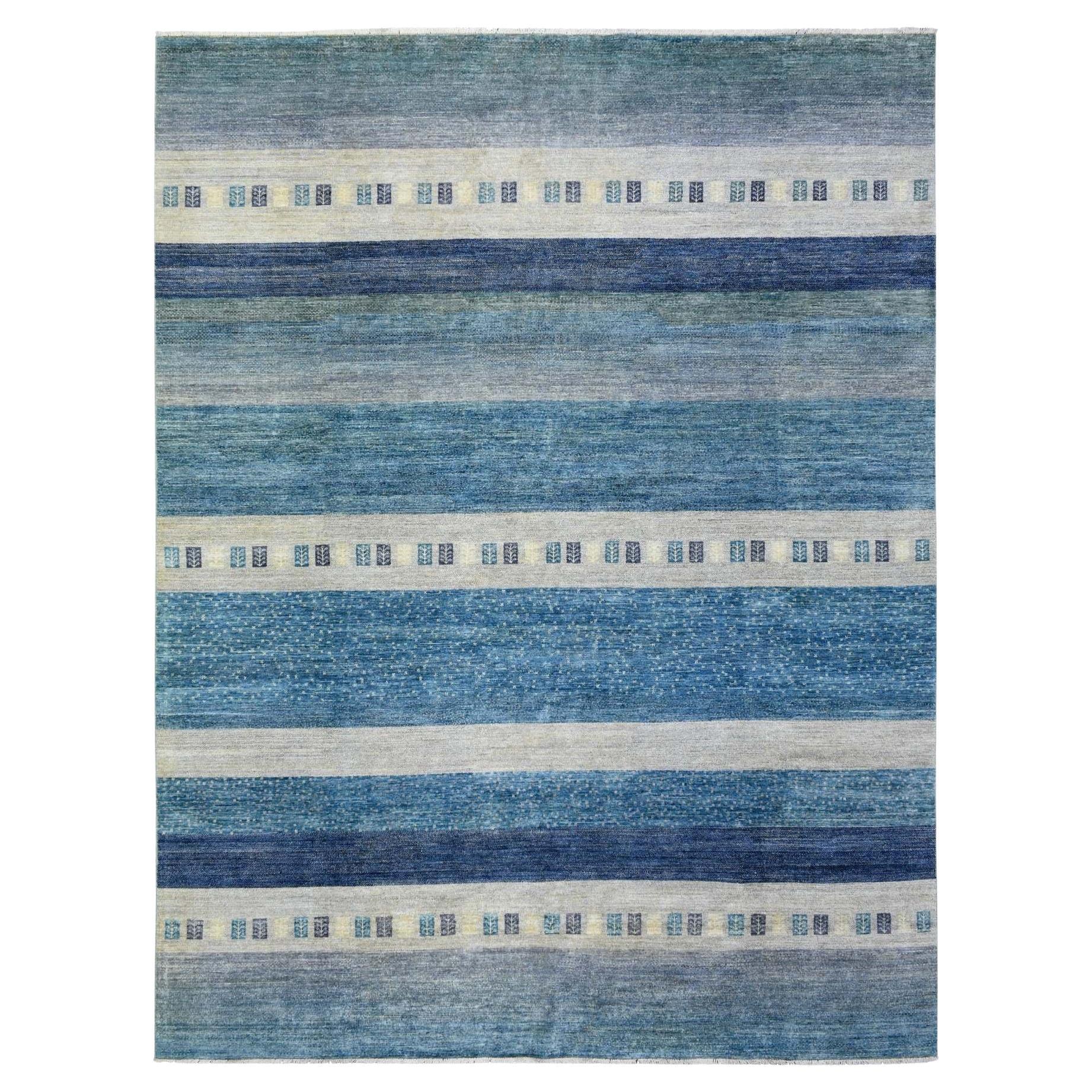 Light Blue Afghan Kashkuli Gabbeh Design Pure Wool Hand Knotted Rug 9'0" x 11'9"