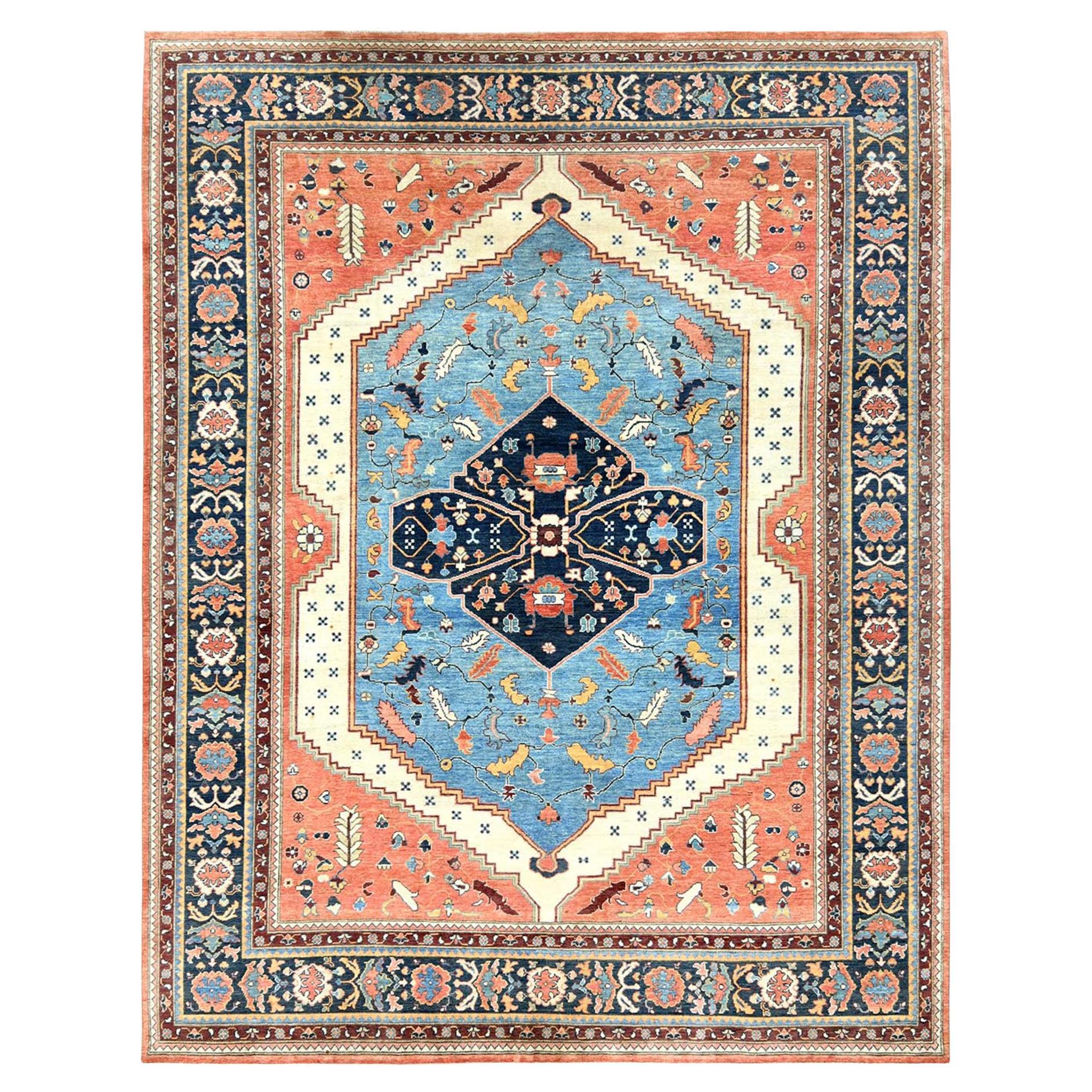 Light Blue All Wool Hand Knotted Peshawar with Serapi Heriz Design Rug 9'x11'10"