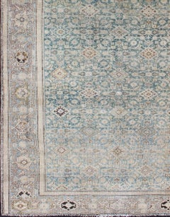 Light Blue and Cream Antique Persian Malayer Gallery Rug with All-Over Design