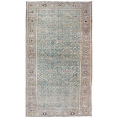 Light Blue and Cream Antique Persian Malayer Gallery Rug with All-Over Design