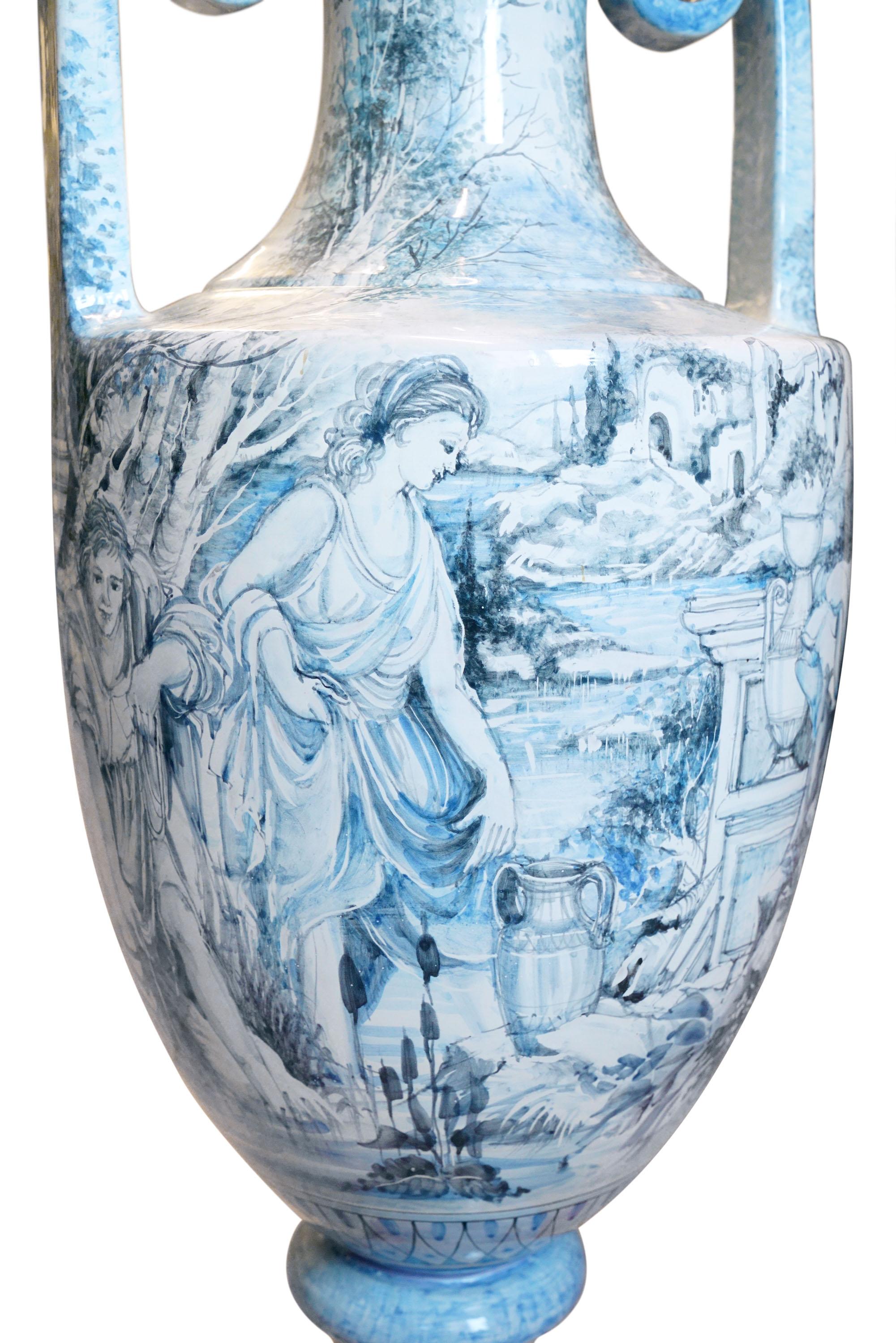 Neoclassical Light Blue and Gray Ceramic Majolica Amphora Hand Painted Francois Boucher Italy For Sale