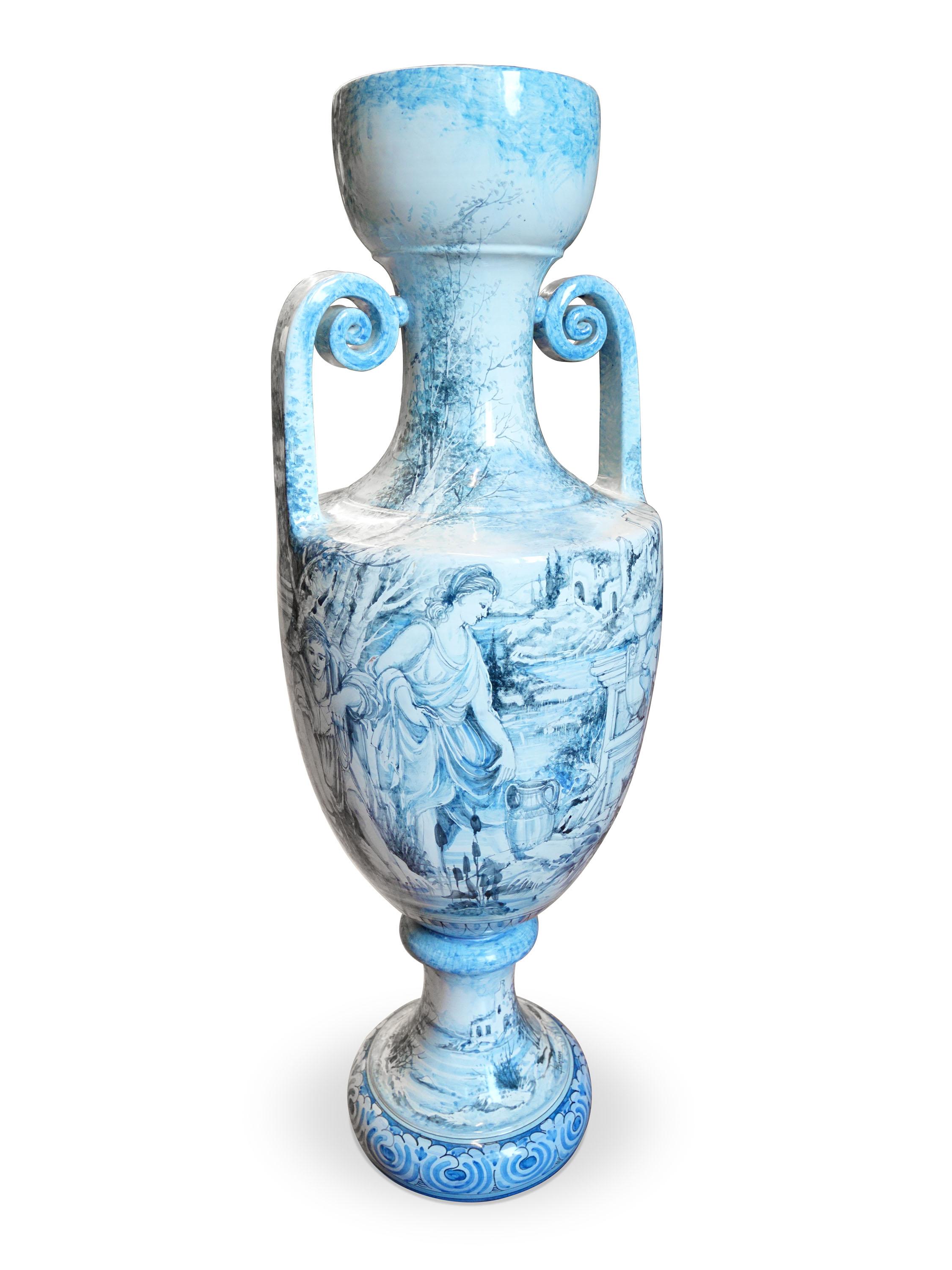 Light Blue and Gray Ceramic Majolica Amphora Hand Painted Francois Boucher Italy In Excellent Condition For Sale In Recanati, IT