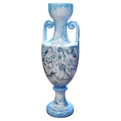 Light Blue and Gray Ceramic Majolica Amphora Hand Painted Francois Boucher Italy