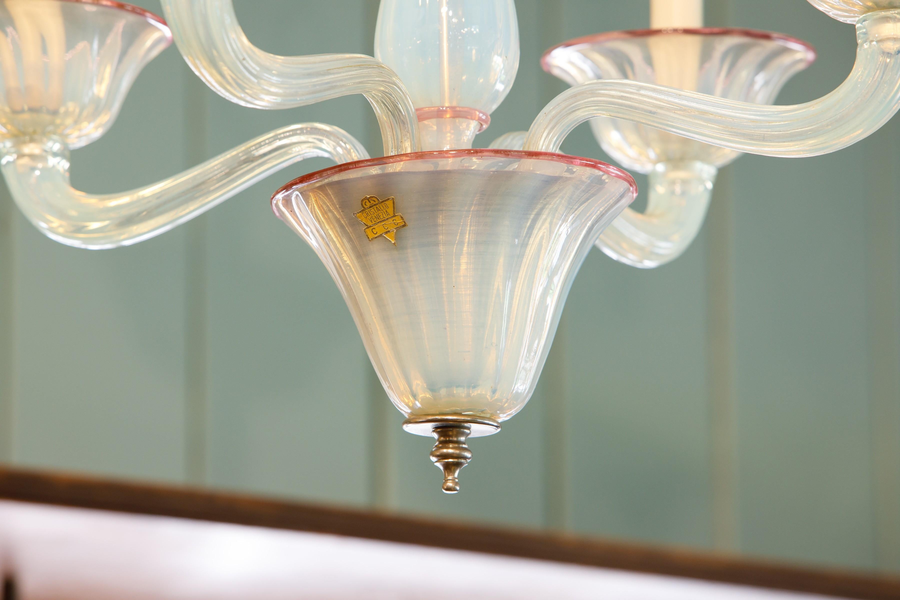 Italian Opaline and Raspberry Murano Glass Chandelier For Sale