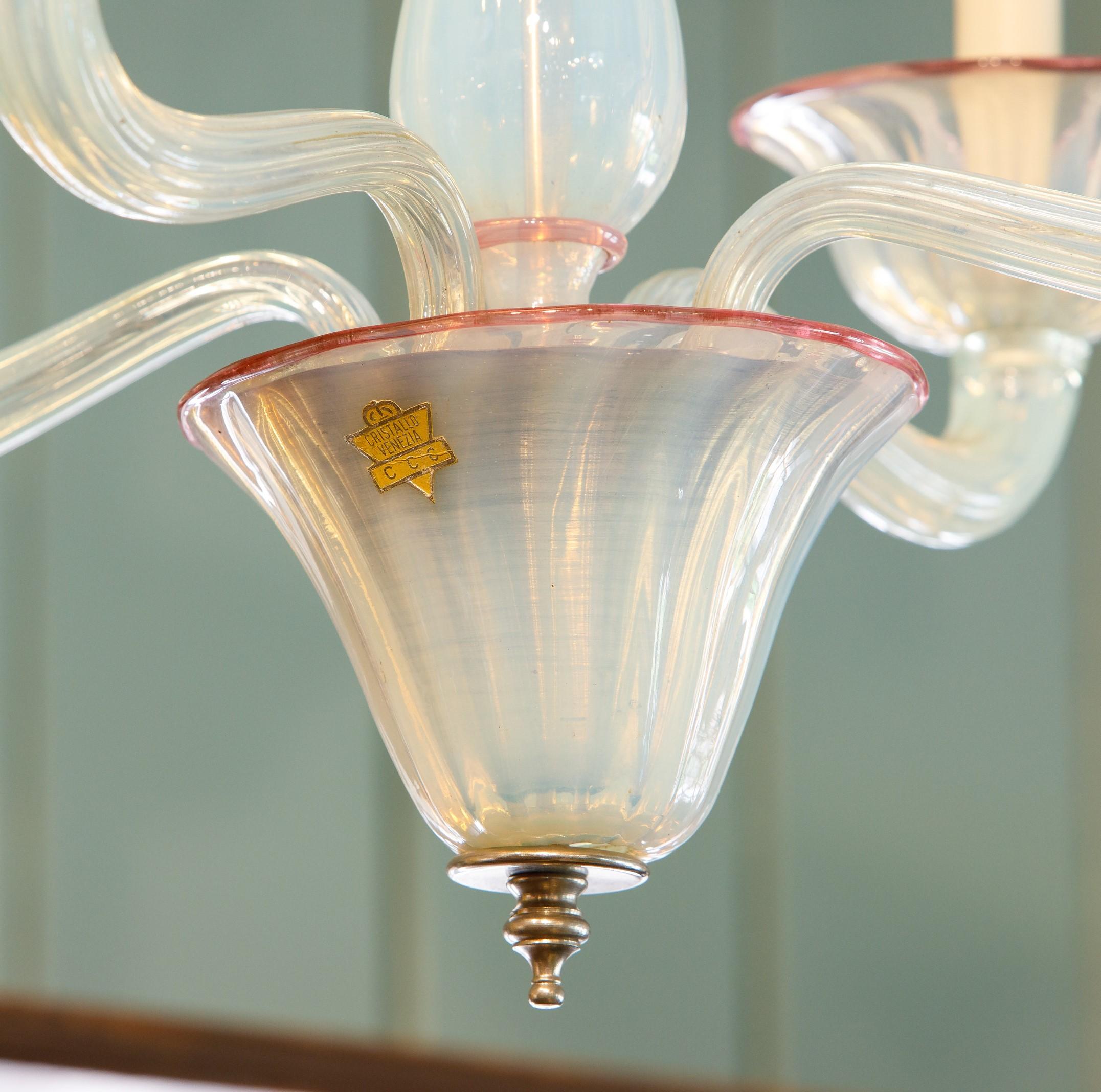 Opaline and Raspberry Murano Glass Chandelier In Good Condition For Sale In Houston, TX