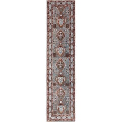Light Blue and Red Antique Persian Heriz Runner with Geometric-Tribal Medallions
