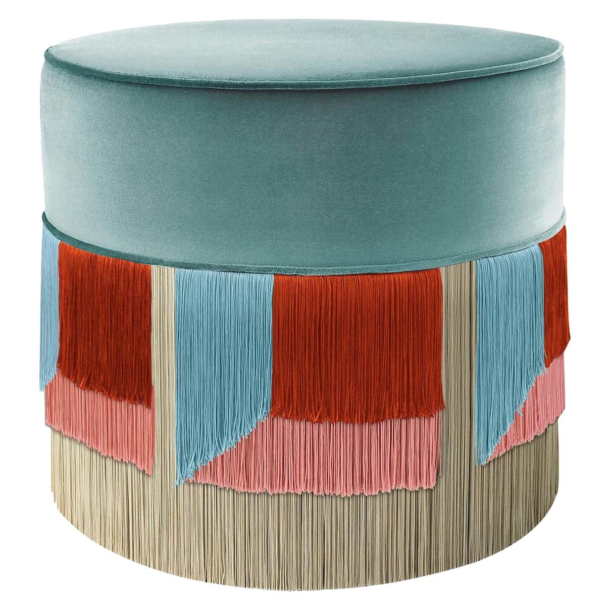 Light Blue and Red Couture Geometric Flo Pouf For Sale