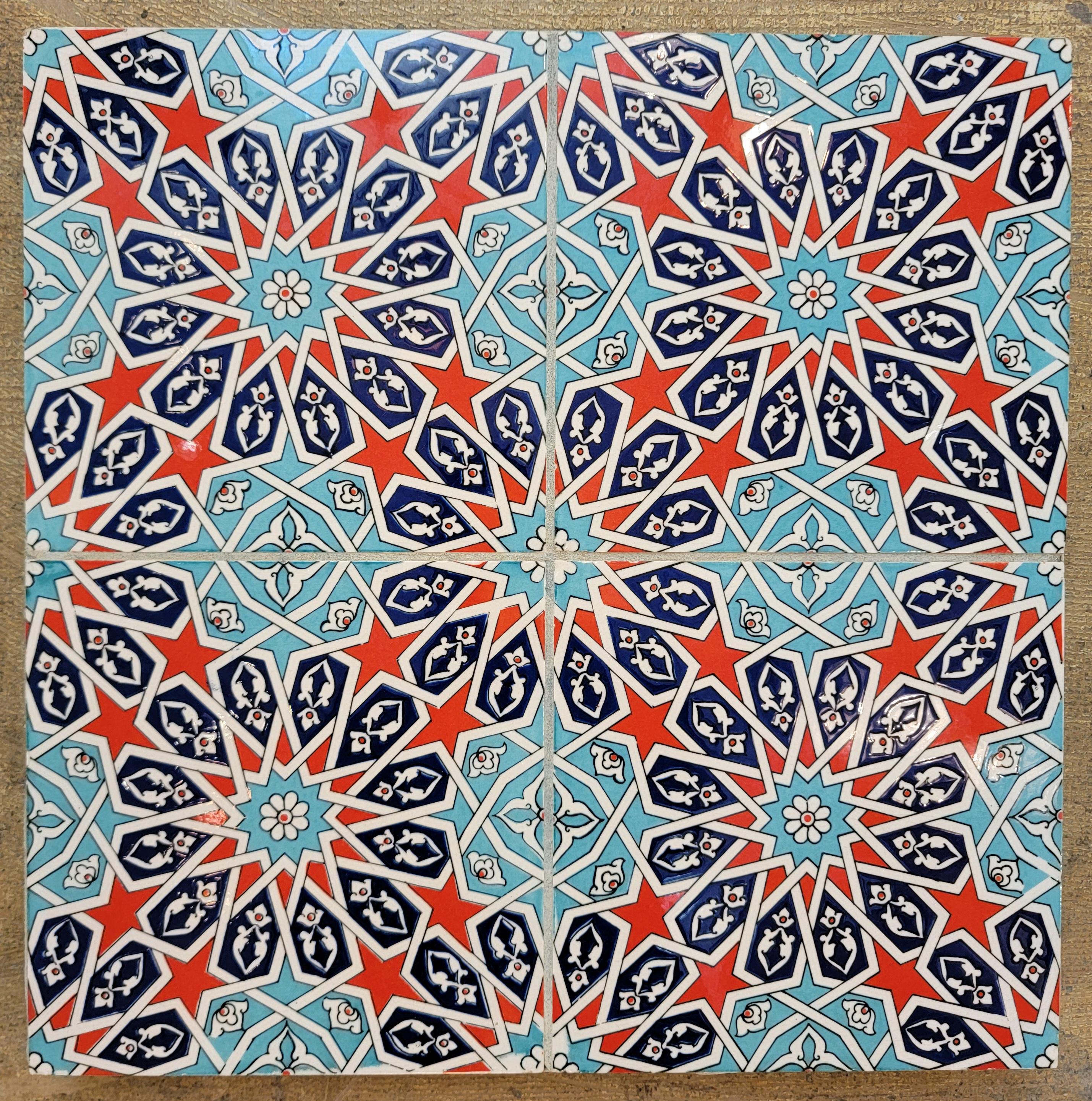 Light Blue and Red Stary Tile Wall Art or Tabletop In Good Condition For Sale In Pasadena, CA