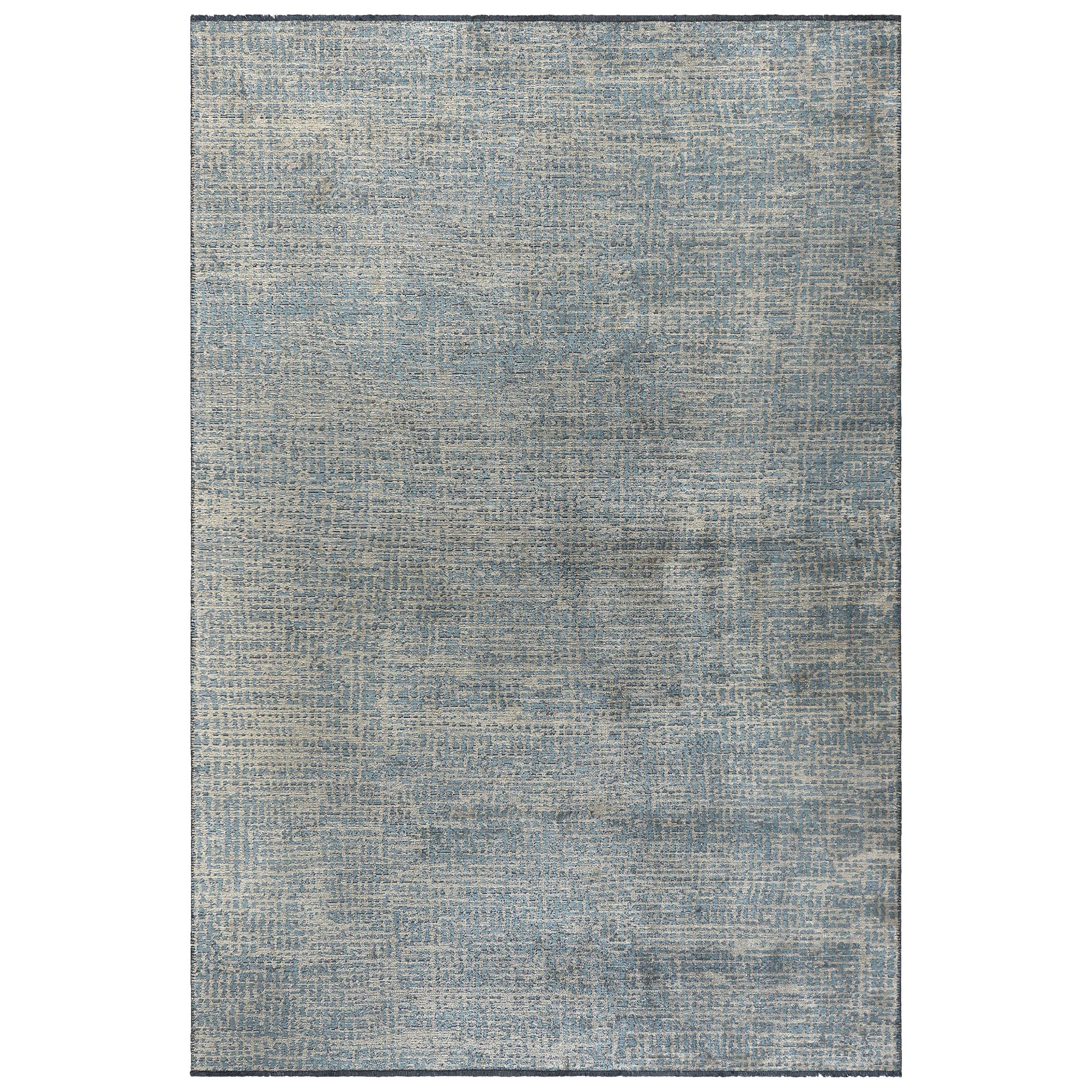 Light Blue and Silver Gray Tight Grid Abstract-Geo Pattern Rug with Patina