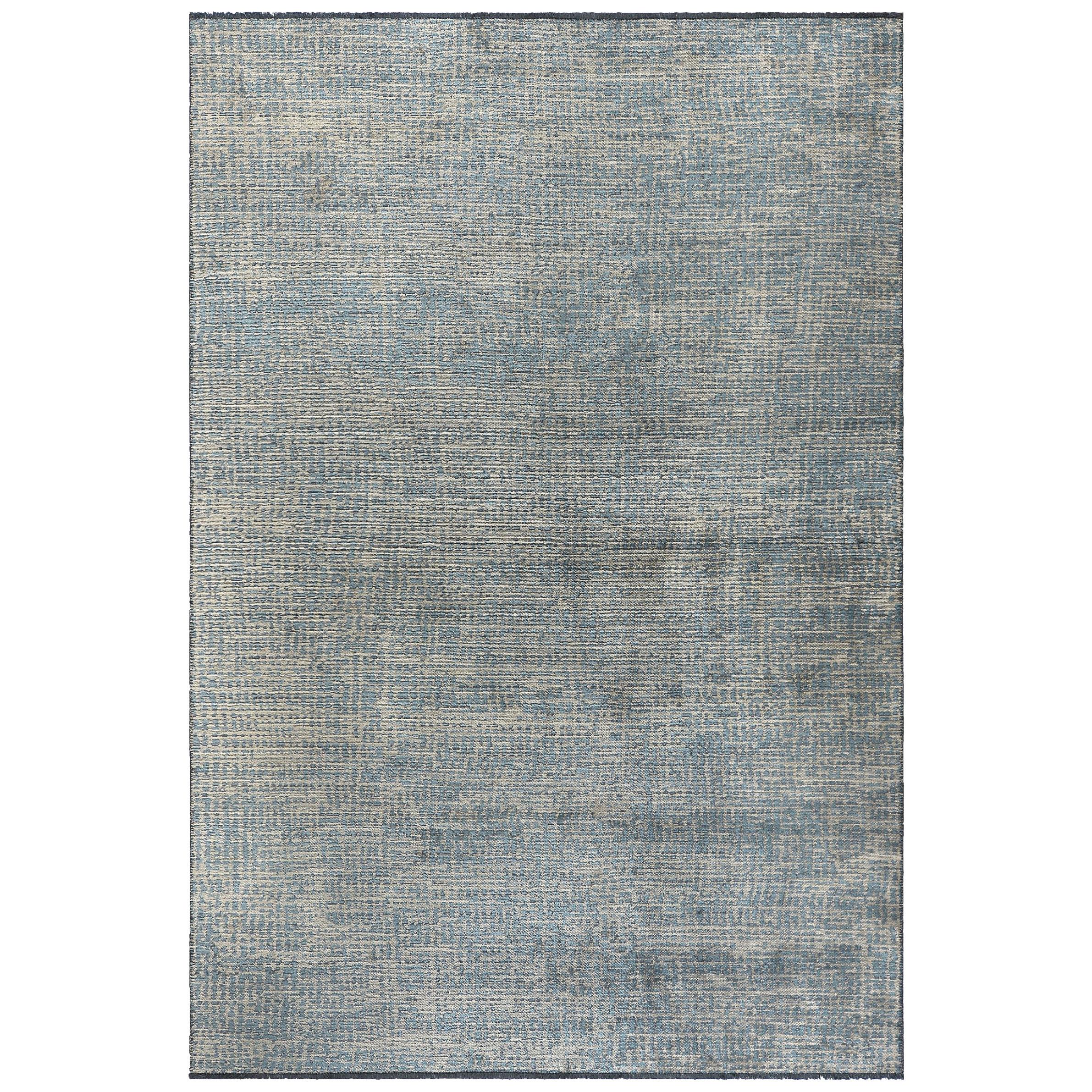 Tapis à motif géo abstrait à grille serrée bleu clair et gris argenté avec brillance