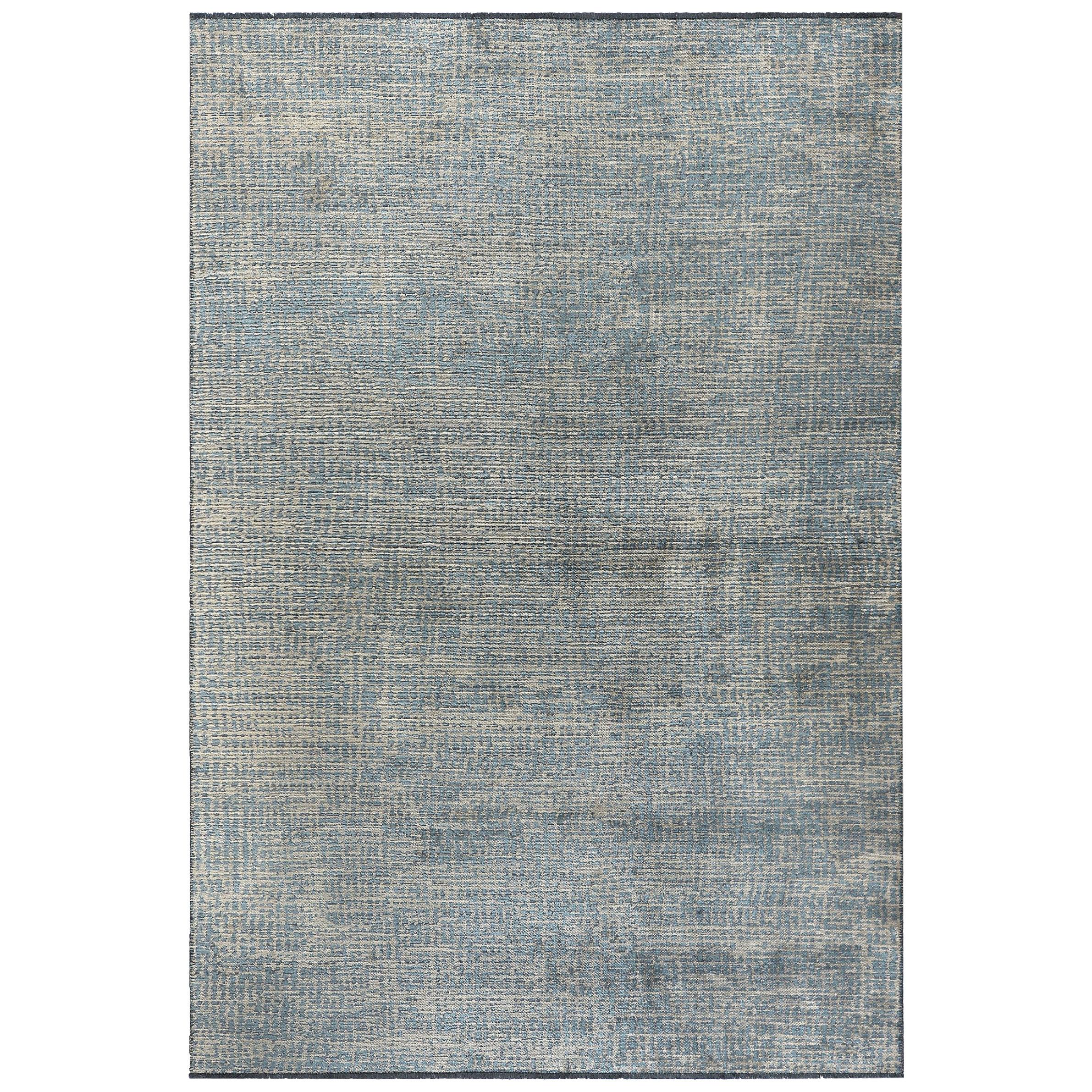 Light Blue and Silver Gray Tight Grid Abstract-Geo Pattern Rug with Shine For Sale