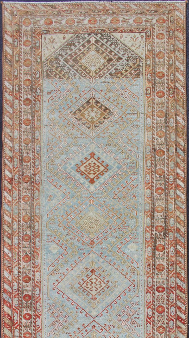 Light Blue and Soft Range Antique Persian Malayer Runner with Geometric Motifs For Sale 2