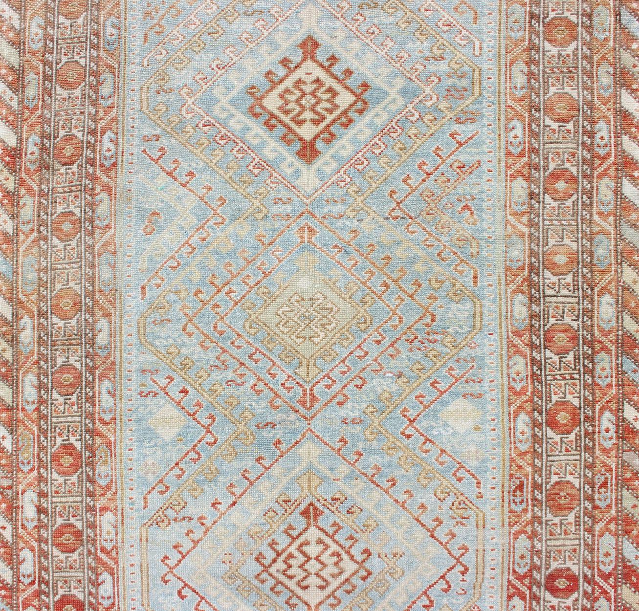 Hand-Knotted Light Blue and Soft Range Antique Persian Malayer Runner with Geometric Motifs For Sale