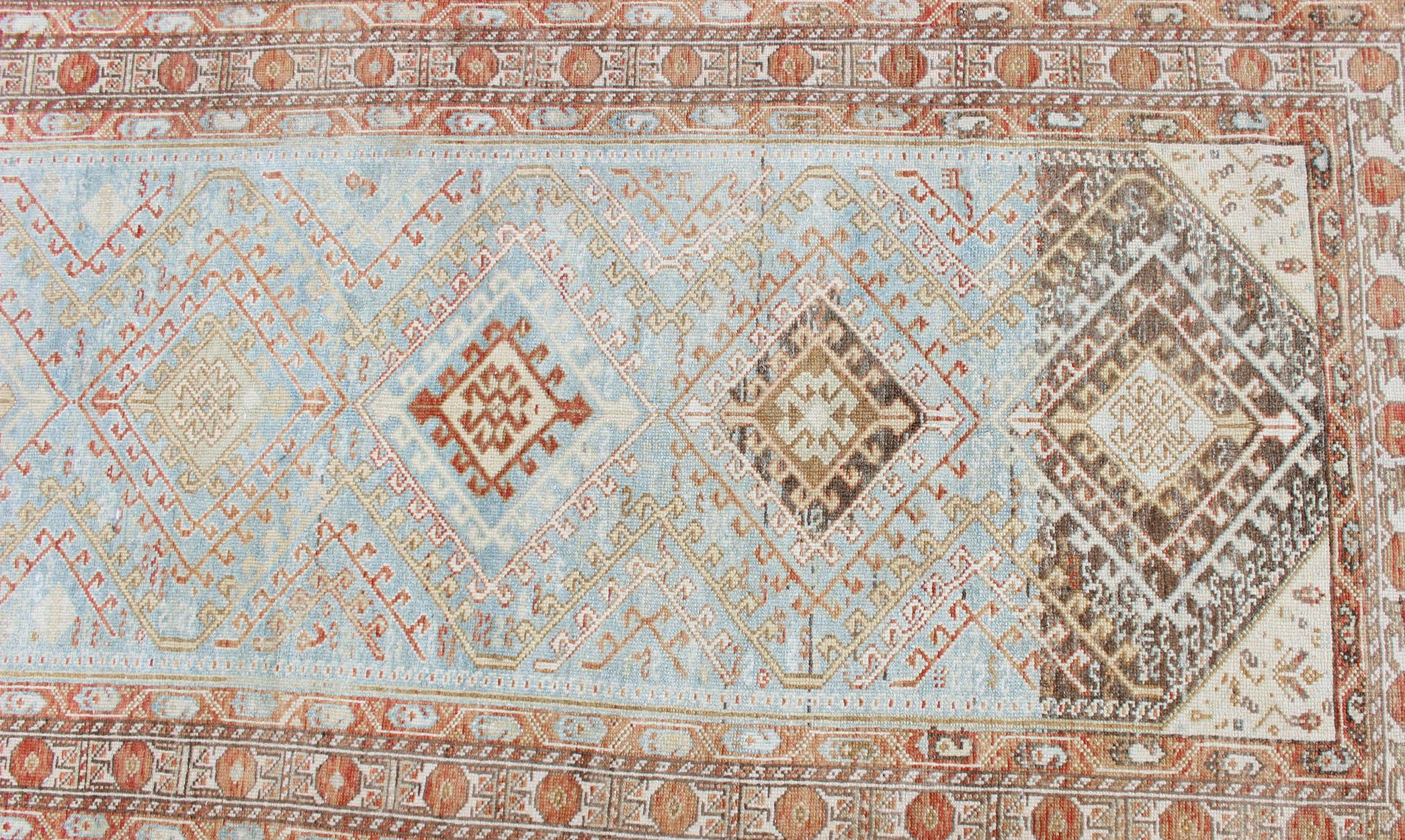 Light Blue and Soft Range Antique Persian Malayer Runner with Geometric Motifs In Good Condition For Sale In Atlanta, GA