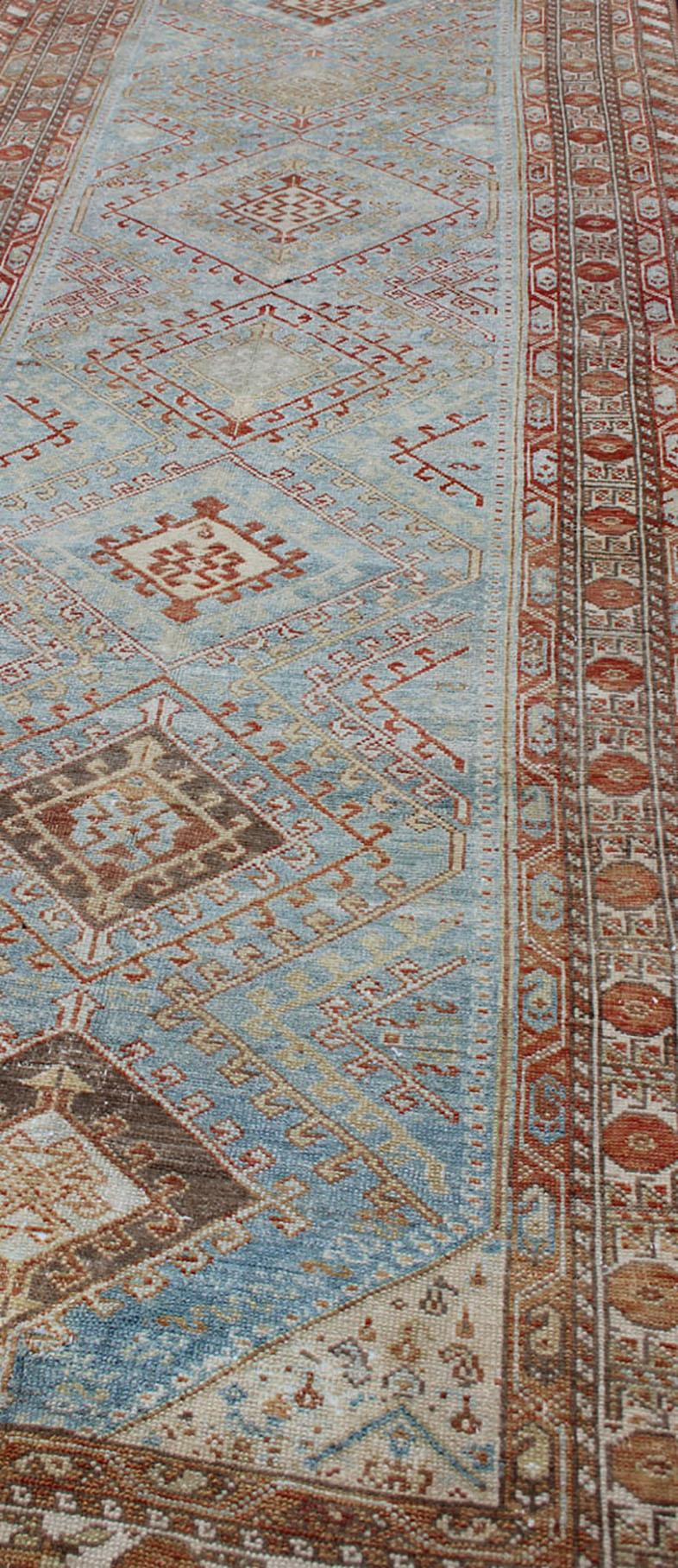 20th Century Light Blue and Soft Range Antique Persian Malayer Runner with Geometric Motifs For Sale