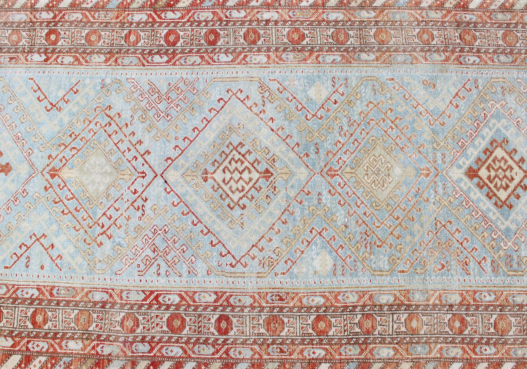 Wool Light Blue and Soft Range Antique Persian Malayer Runner with Geometric Motifs For Sale