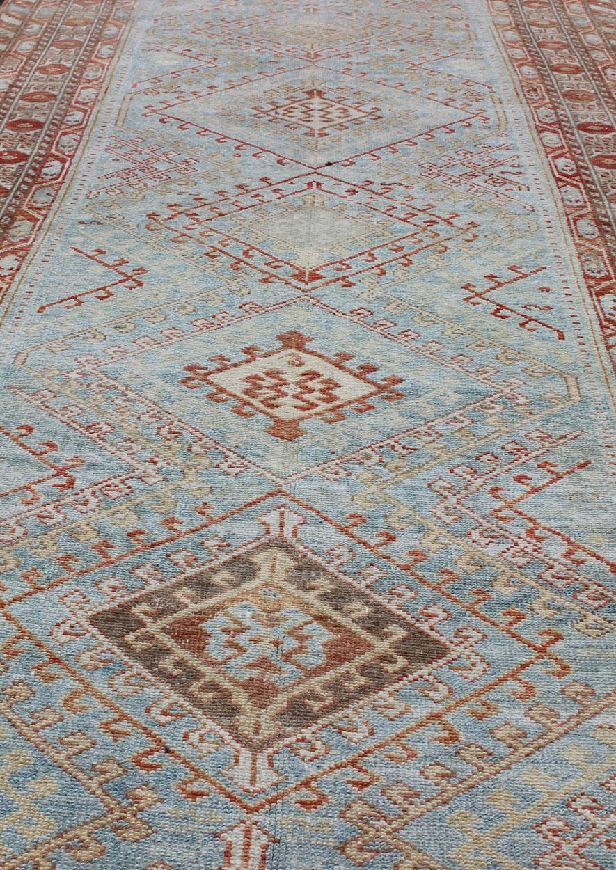 Light Blue and Soft Range Antique Persian Malayer Runner with Geometric Motifs For Sale 1