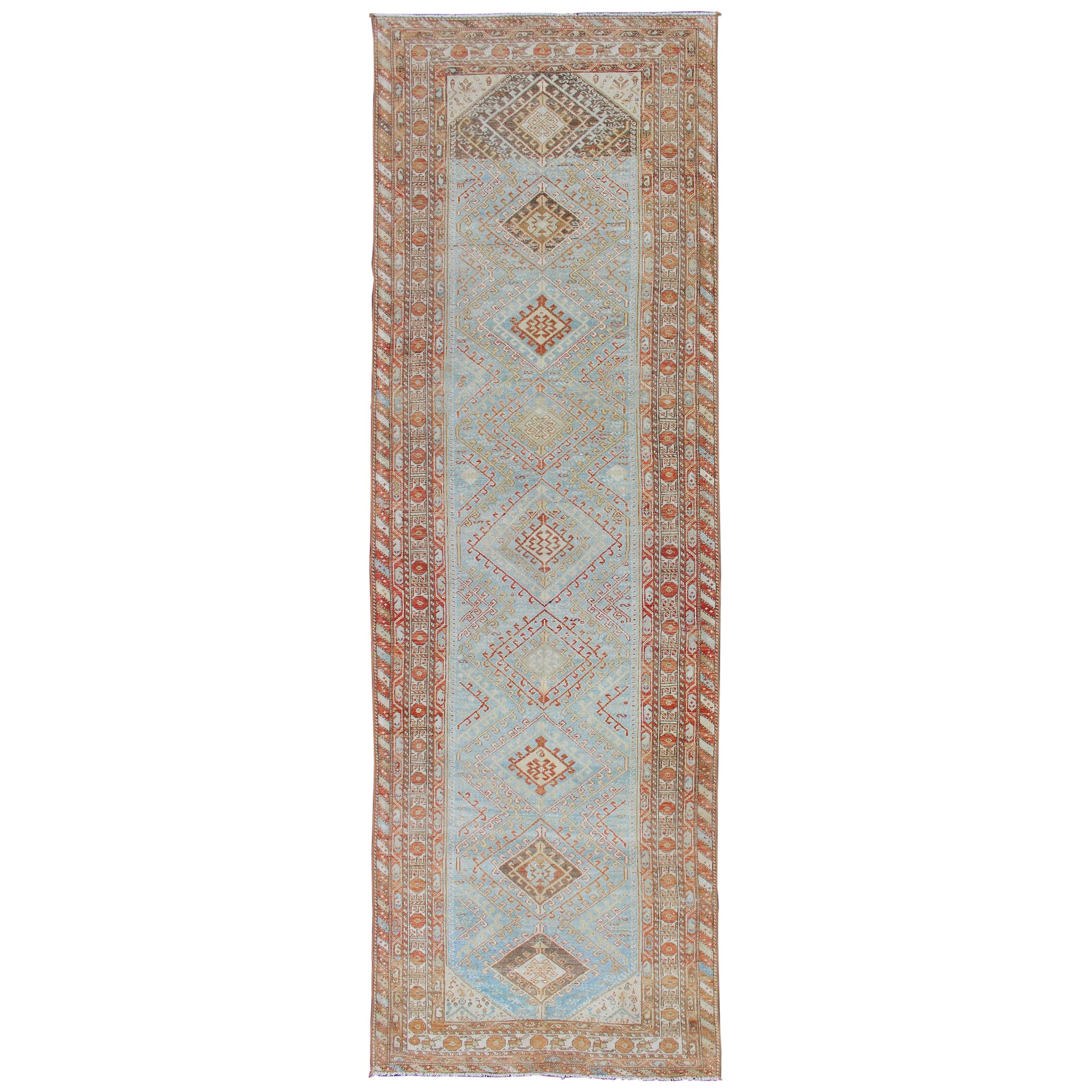 Light Blue and Soft Range Antique Persian Malayer Runner with Geometric Motifs For Sale