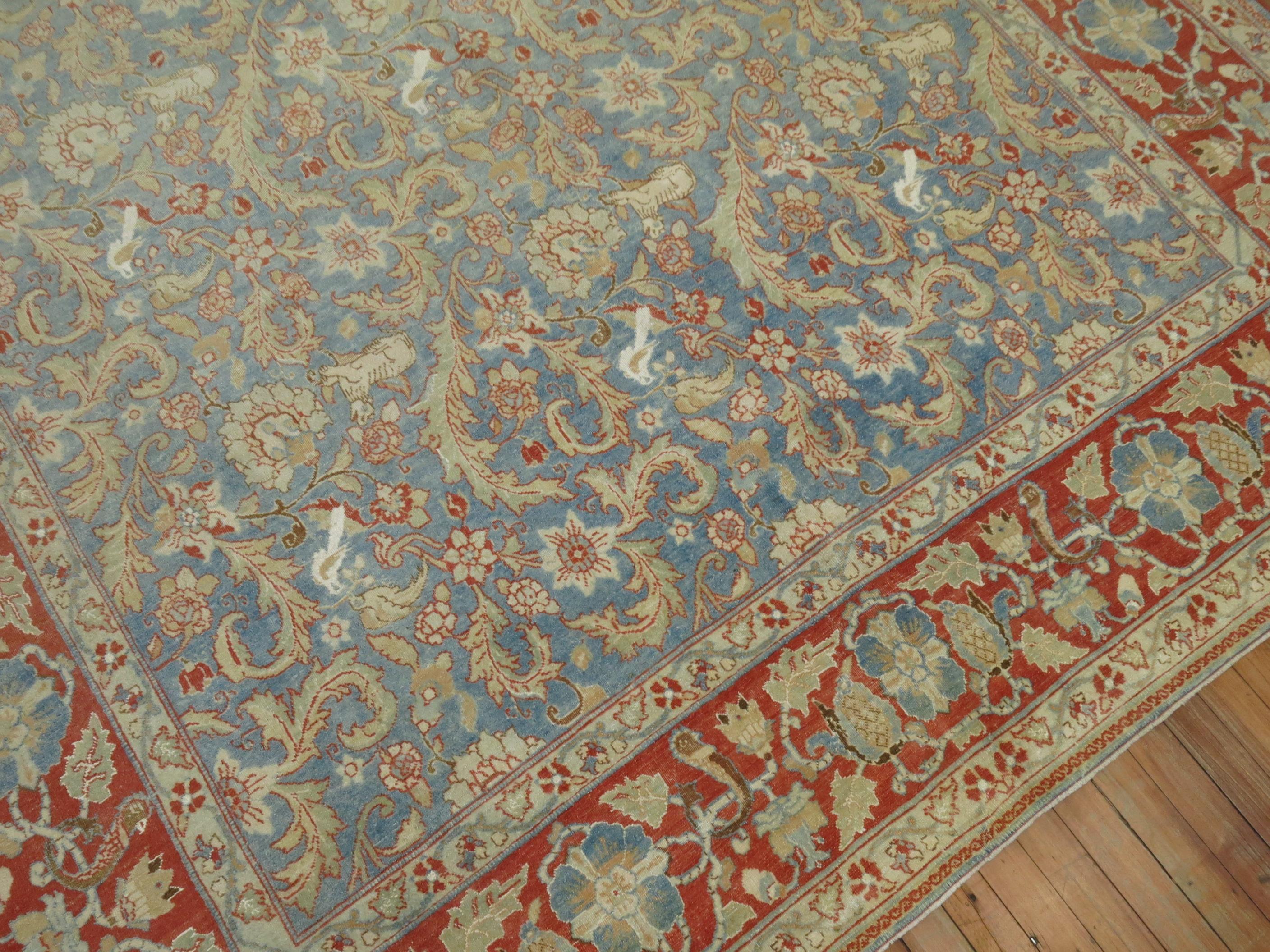 Persischer Qum-Teppich mit hellblauem Tiermuster (Volkskunst) im Angebot