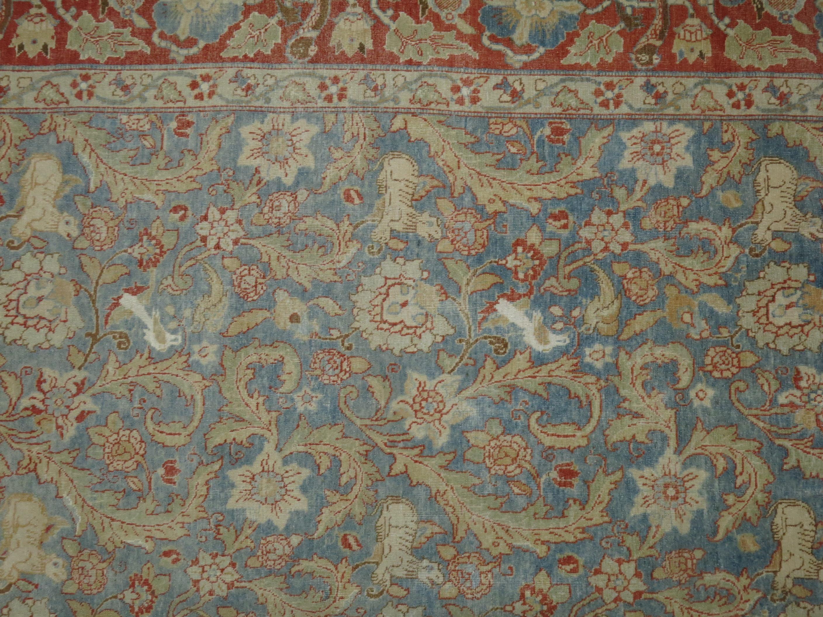 Light Blue Animal Persian Qum Rug In Good Condition For Sale In New York, NY