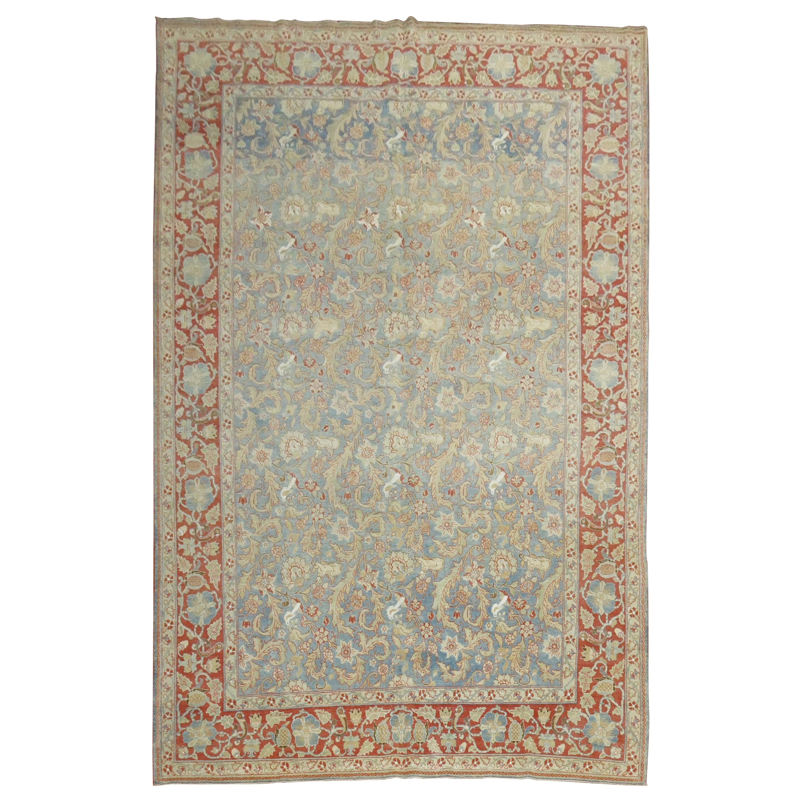 Light Blue Animal Persian Qum Rug For Sale