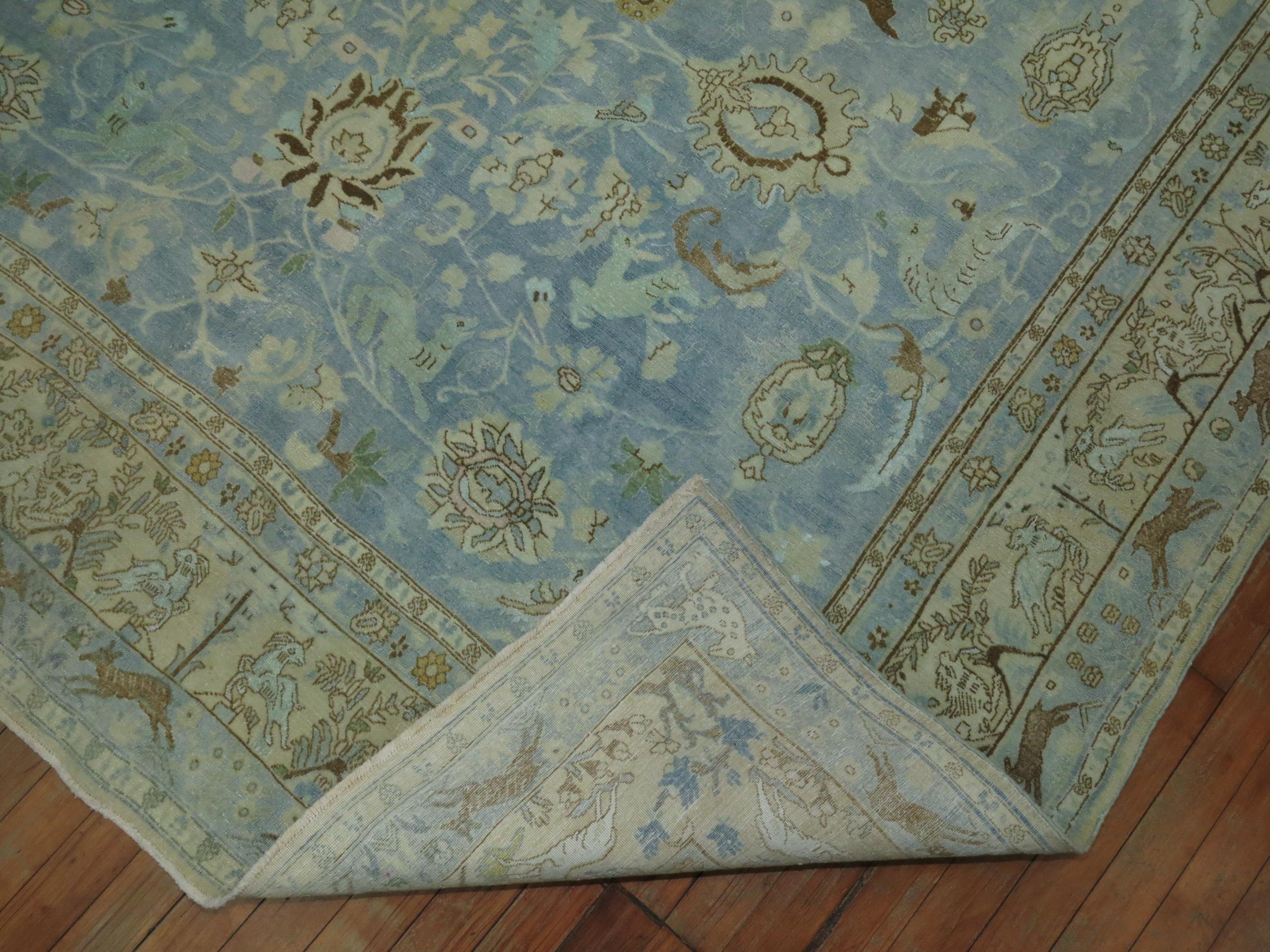 Folk Art Light Blue Animal Persian Tabriz Rug For Sale