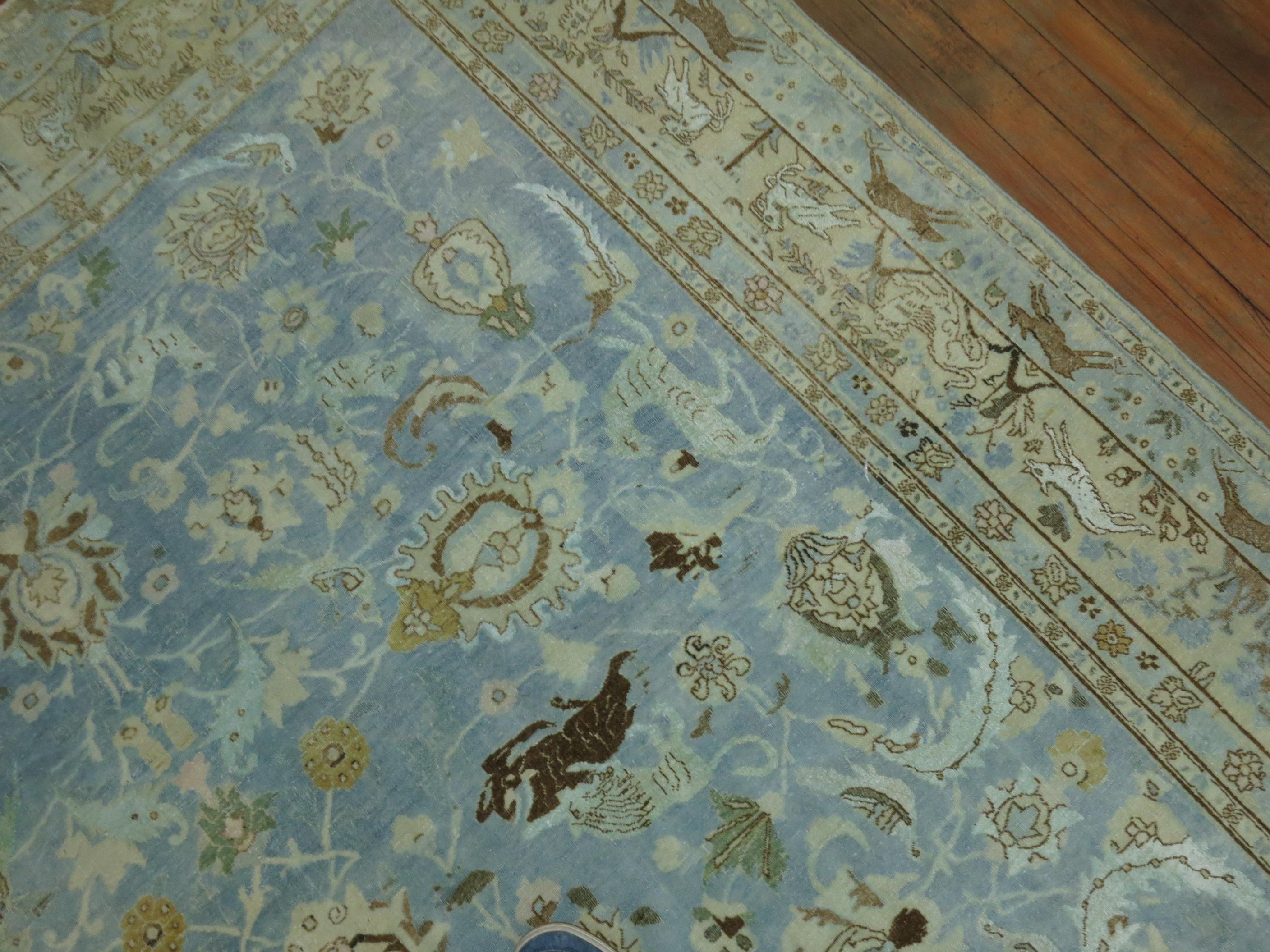 Hand-Woven Light Blue Animal Persian Tabriz Rug For Sale