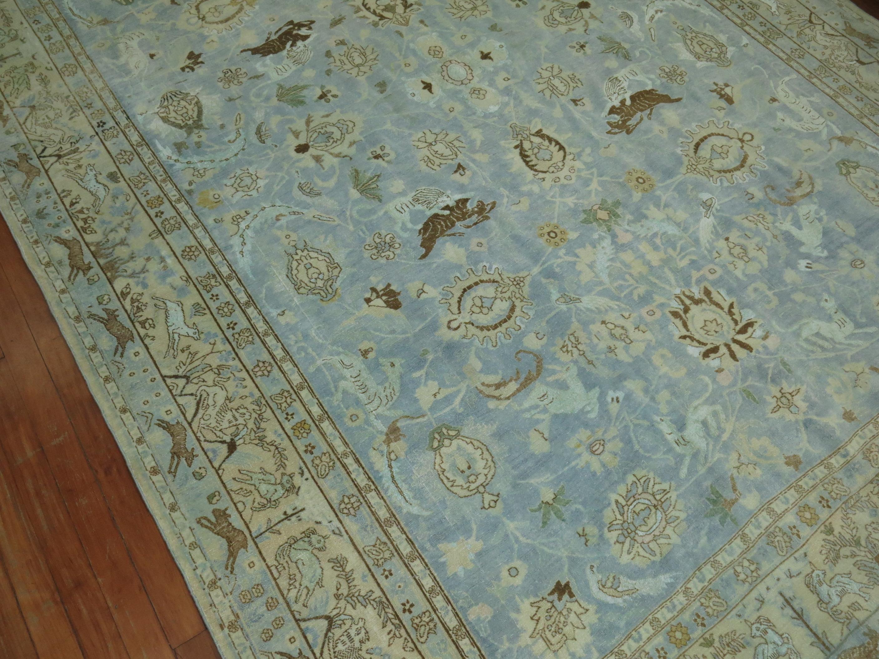 Light Blue Animal Persian Tabriz Rug In Good Condition For Sale In New York, NY