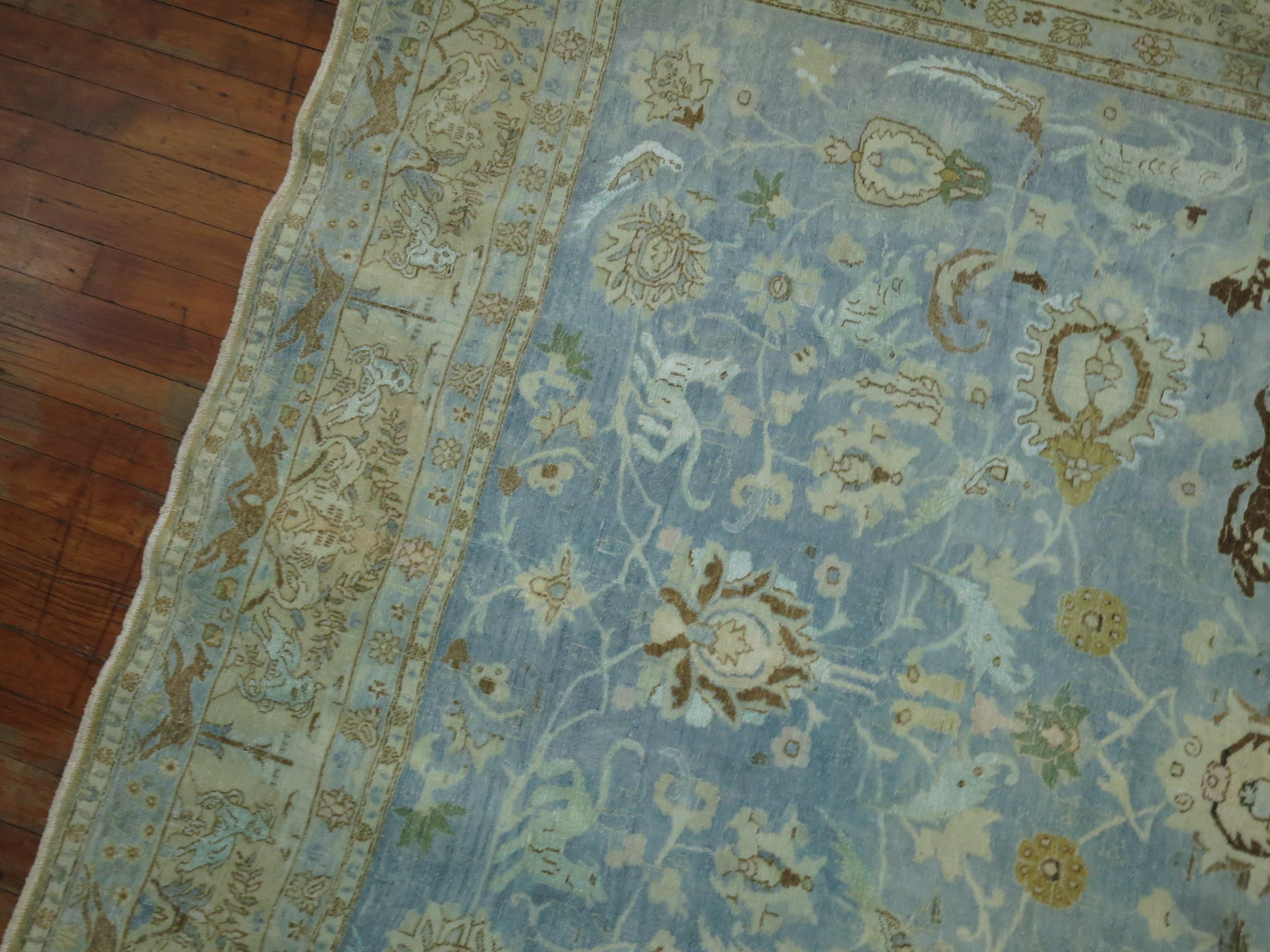 20th Century Light Blue Animal Persian Tabriz Rug For Sale