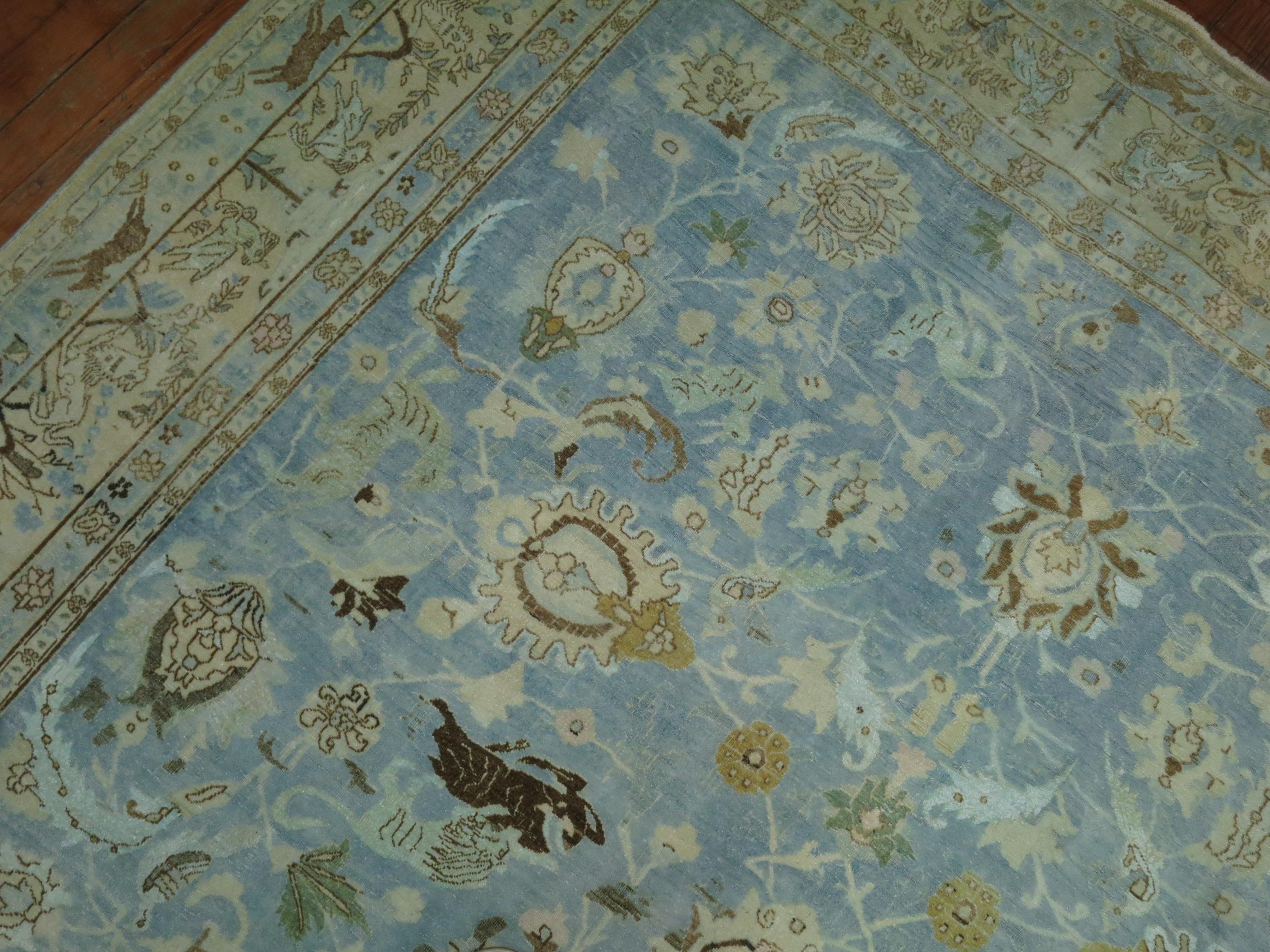 Wool Light Blue Animal Persian Tabriz Rug For Sale