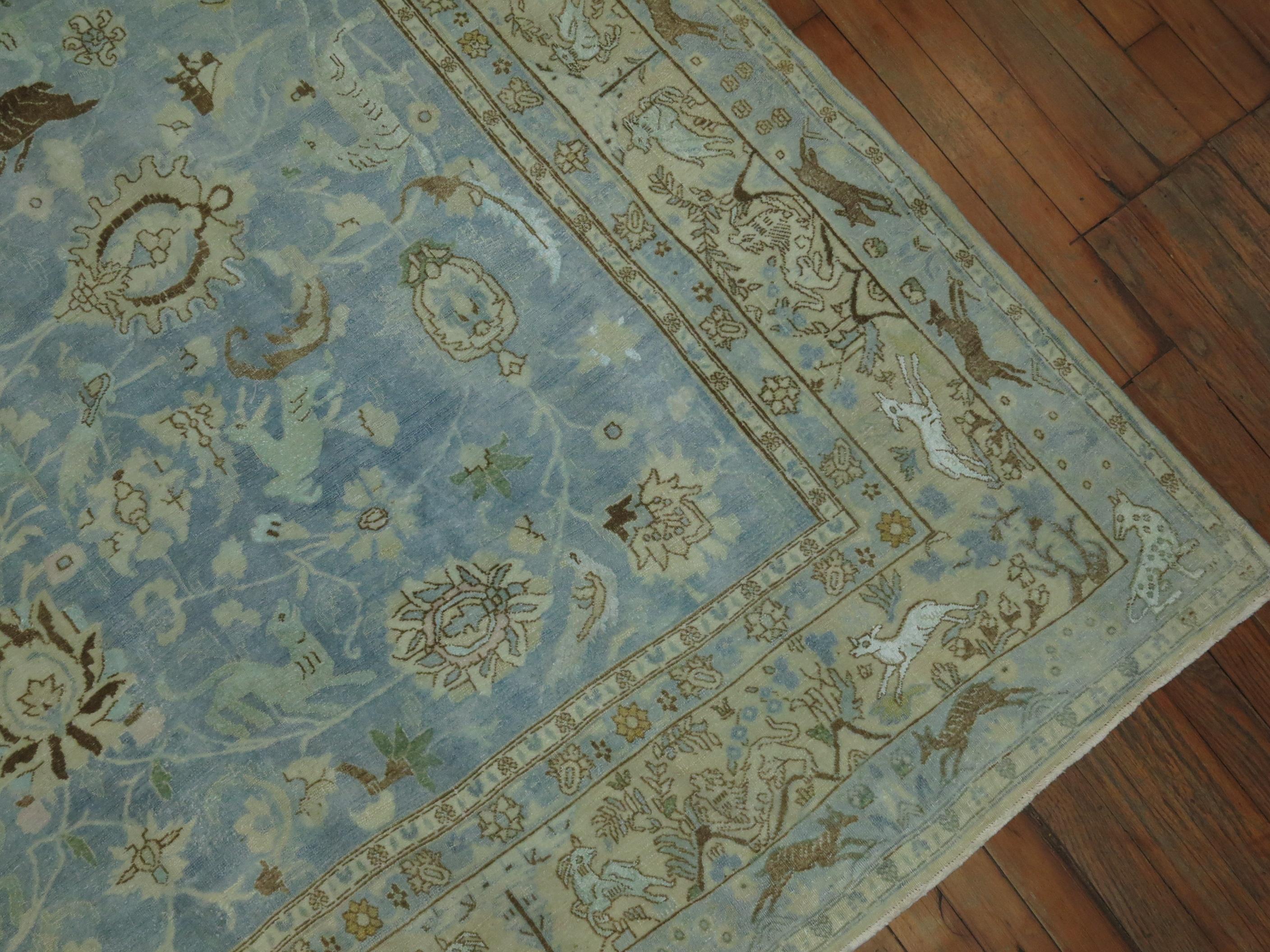 Light Blue Animal Persian Tabriz Rug For Sale 1