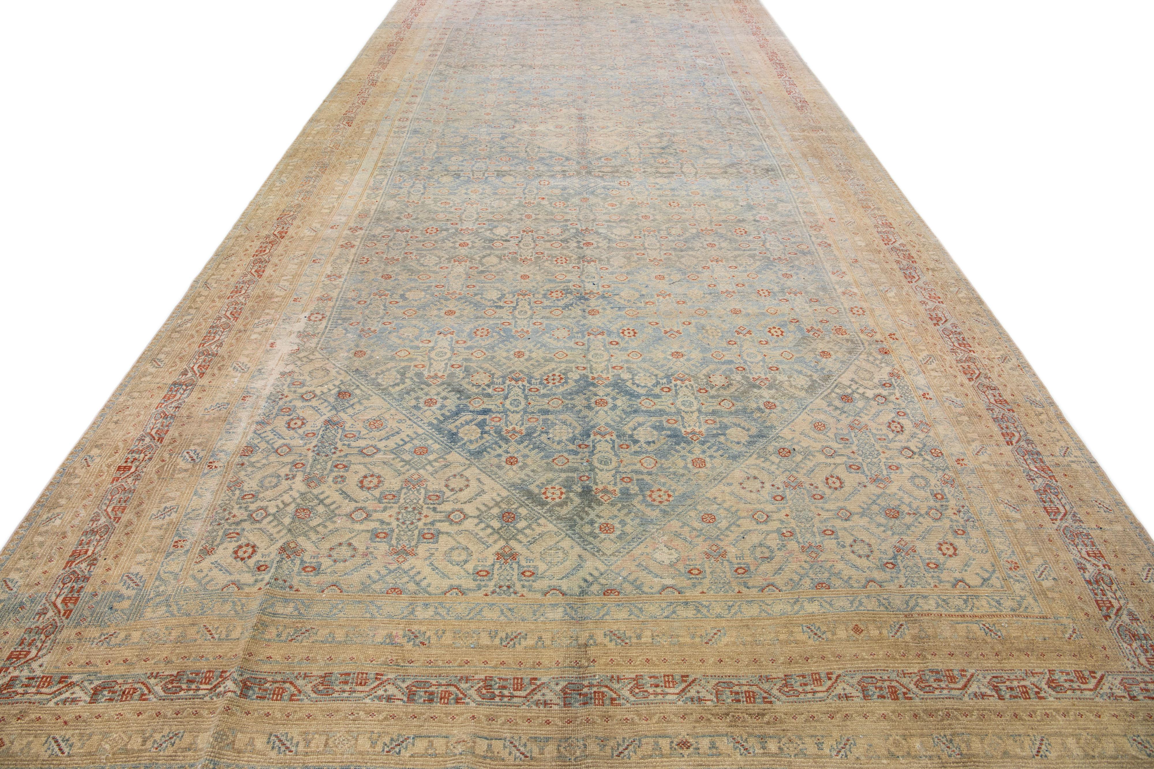 Hand-Knotted Light Blue Antique Persian Malayer Handmade Oversize Wool Rug with Allover Motif For Sale