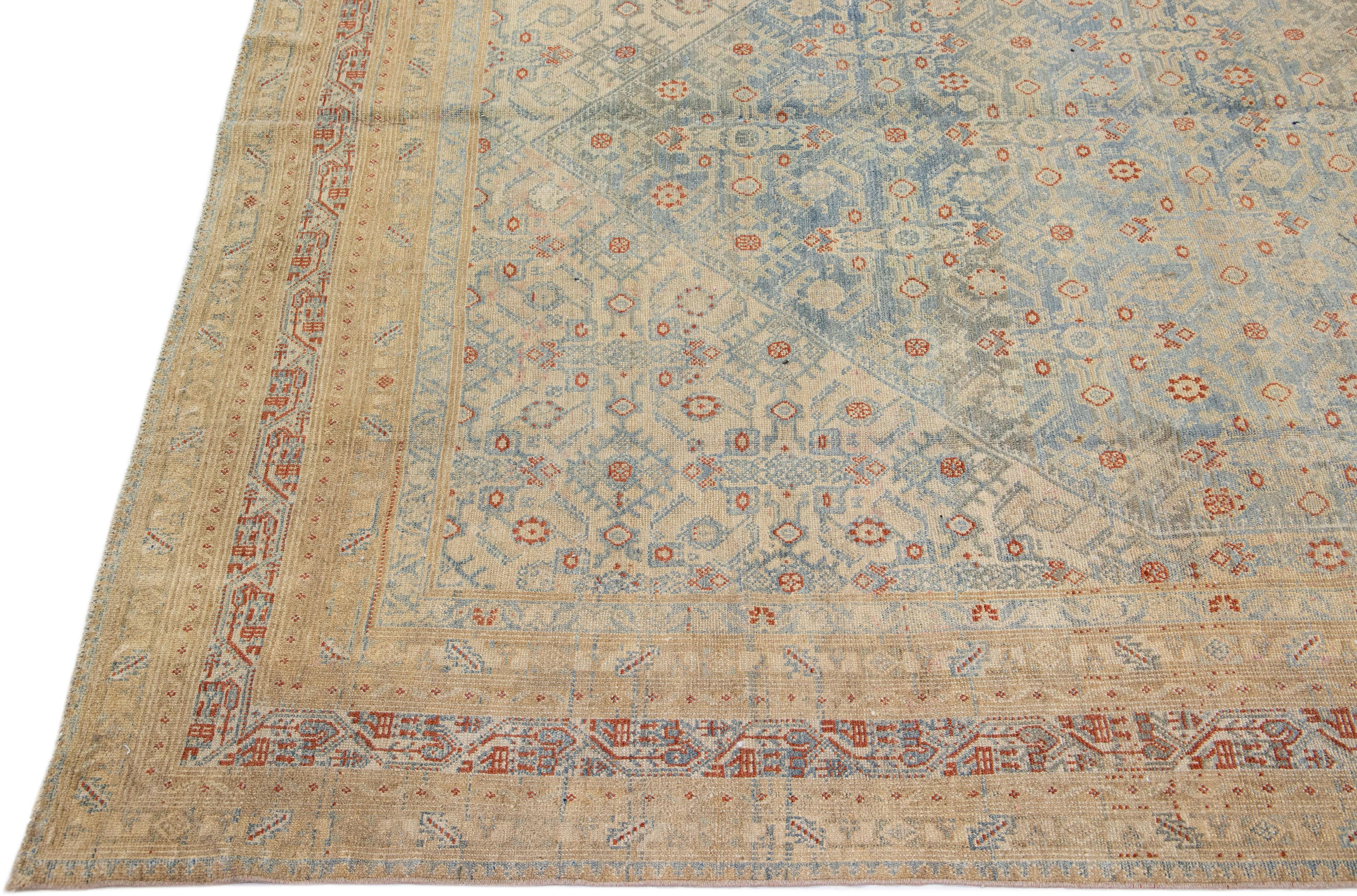 Light Blue Antique Persian Malayer Handmade Oversize Wool Rug with Allover Motif In Good Condition For Sale In Norwalk, CT