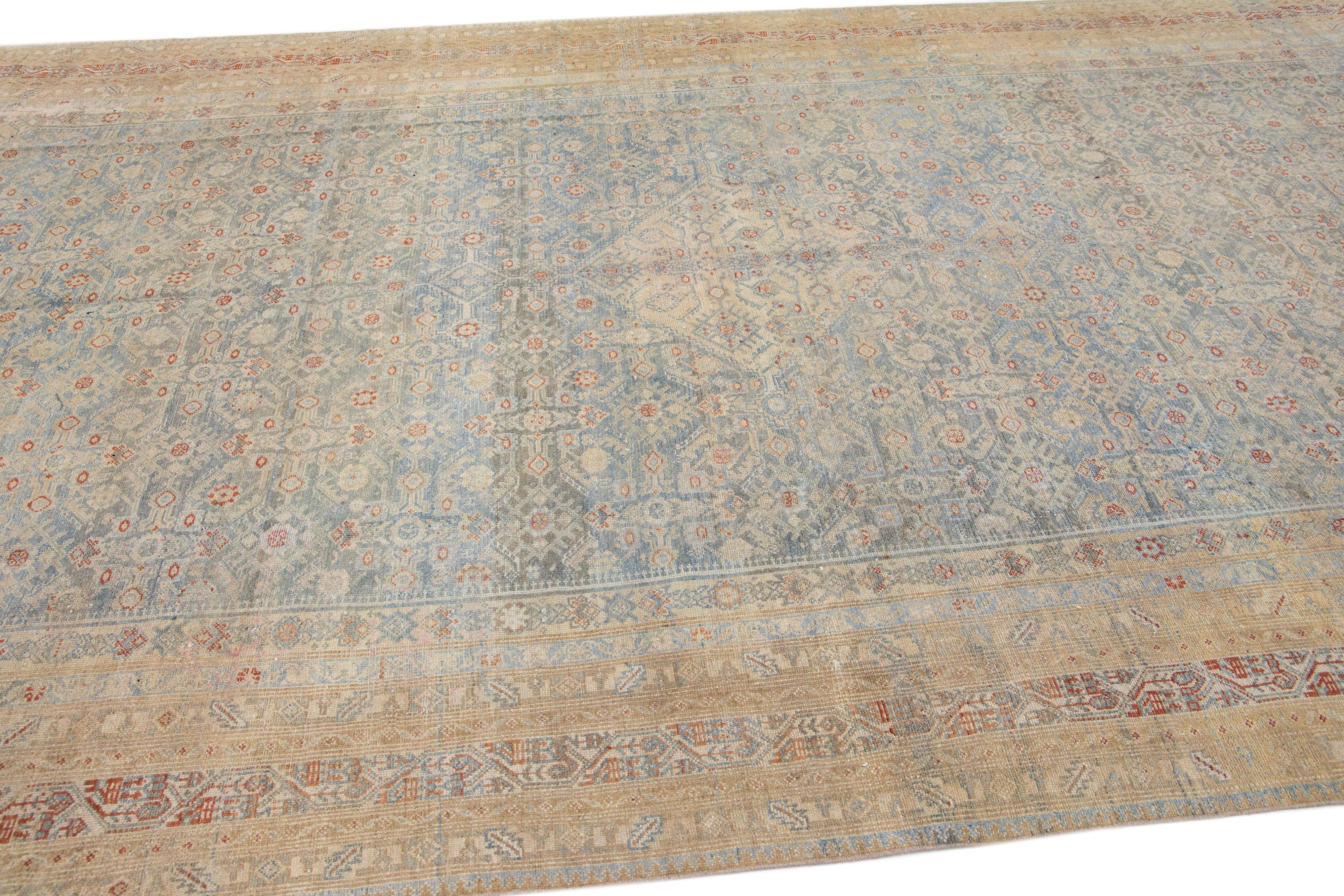 20th Century Light Blue Antique Persian Malayer Handmade Oversize Wool Rug with Allover Motif For Sale