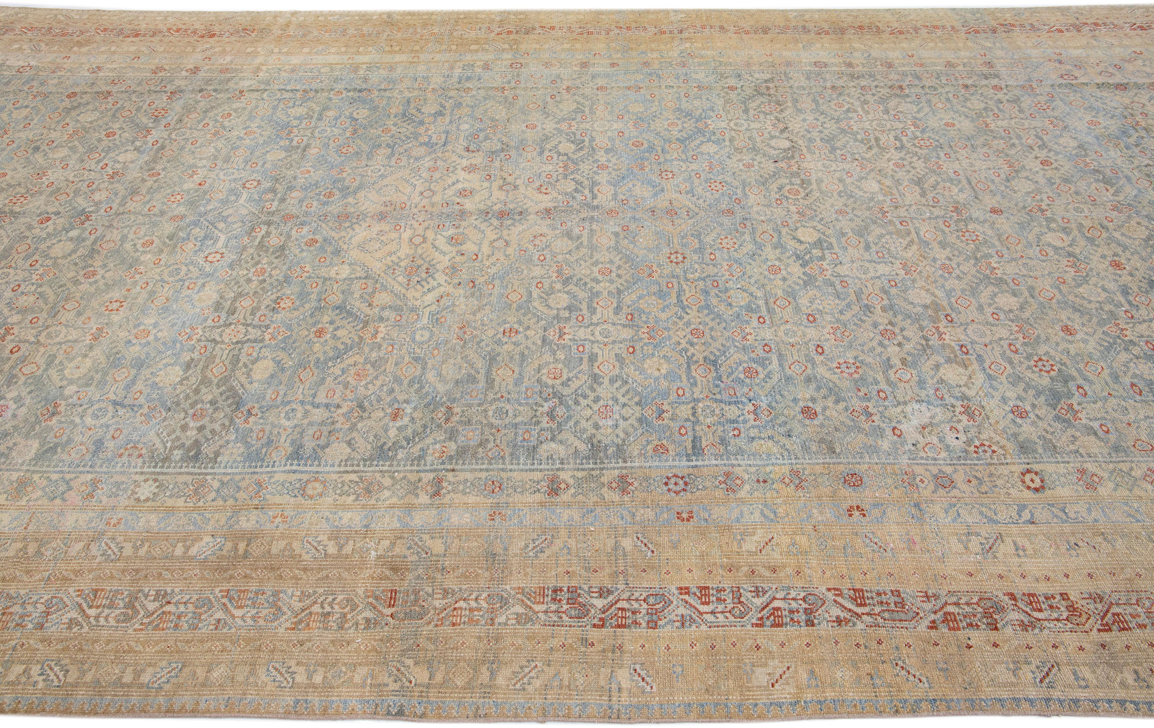 Light Blue Antique Persian Malayer Handmade Oversize Wool Rug with Allover Motif For Sale 1