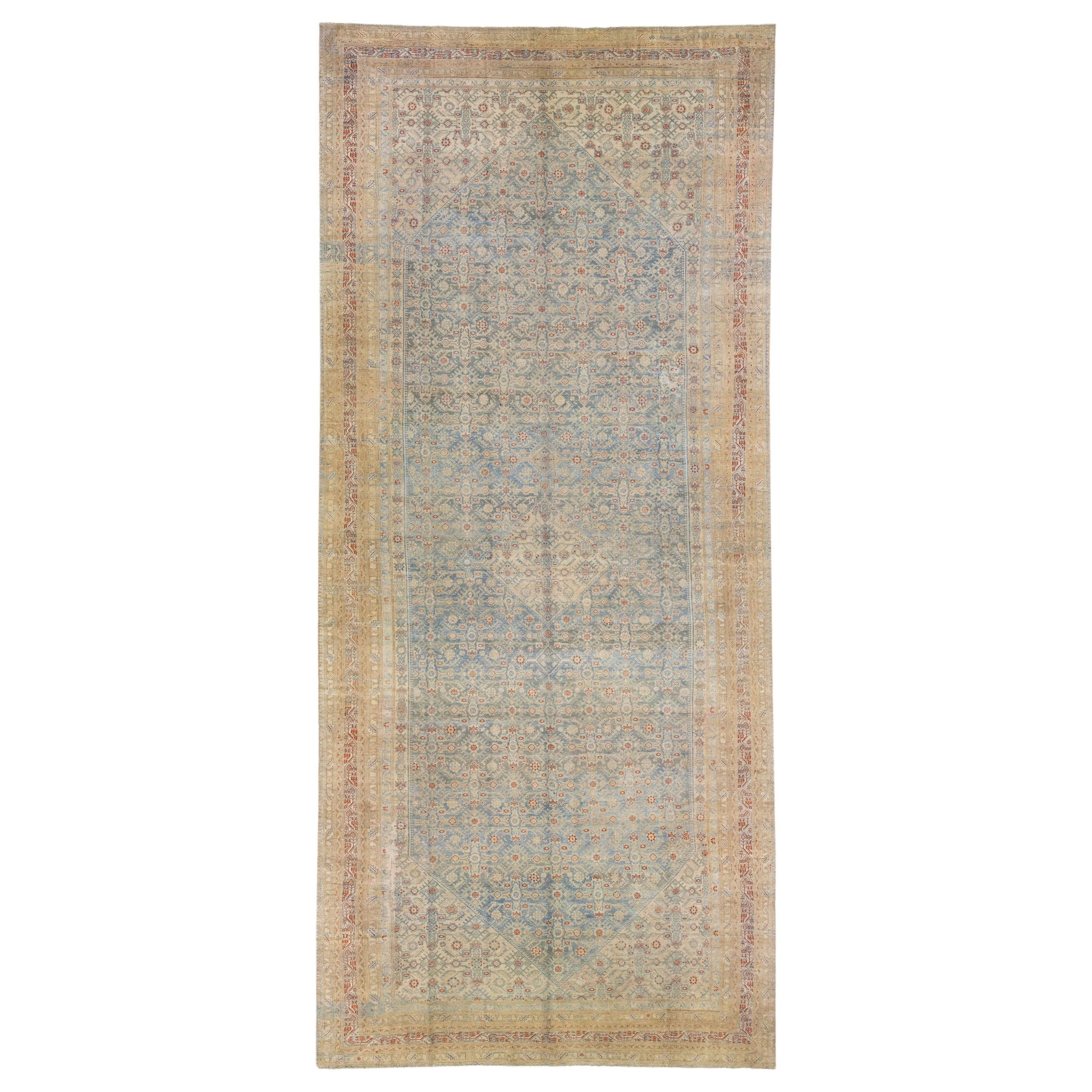 Tappeto antico persiano Malayer fatto a mano in lana oversize di colore blu chiaro con motivo a trifoglio