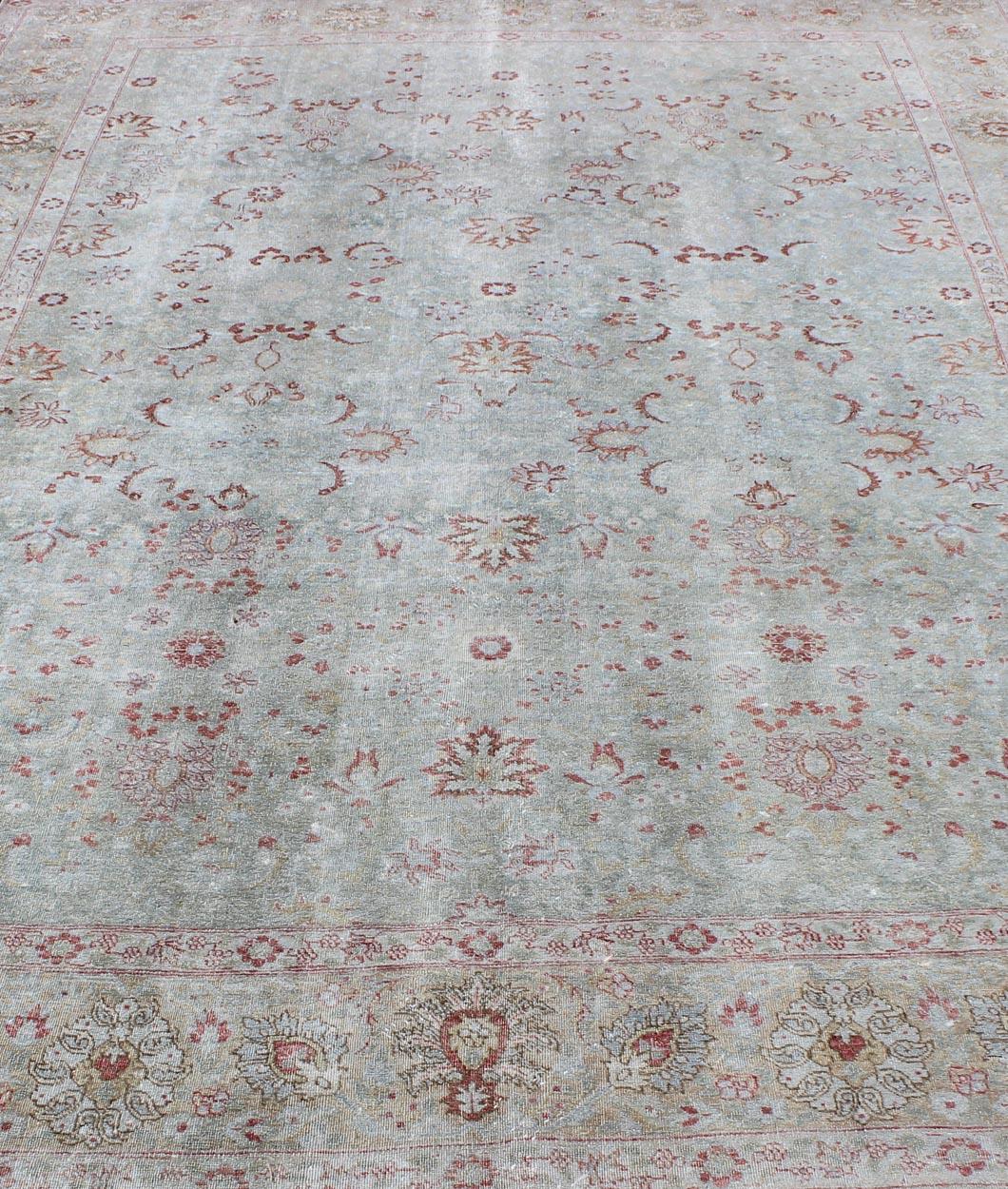 Light Blue Antique Persian Tabriz Rug with Floral Design and Hints of Red For Sale 4