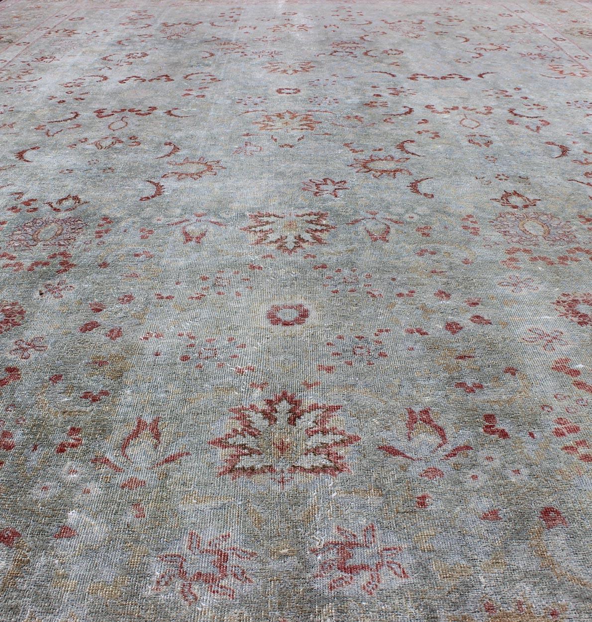 Light Blue Antique Persian Tabriz Rug with Floral Design and Hints of Red For Sale 5