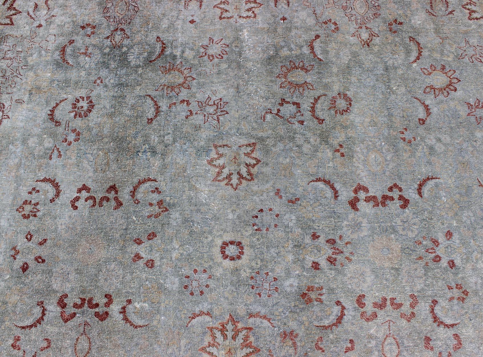 Light Blue Antique Persian Tabriz Rug with Floral Design and Hints of Red For Sale 6