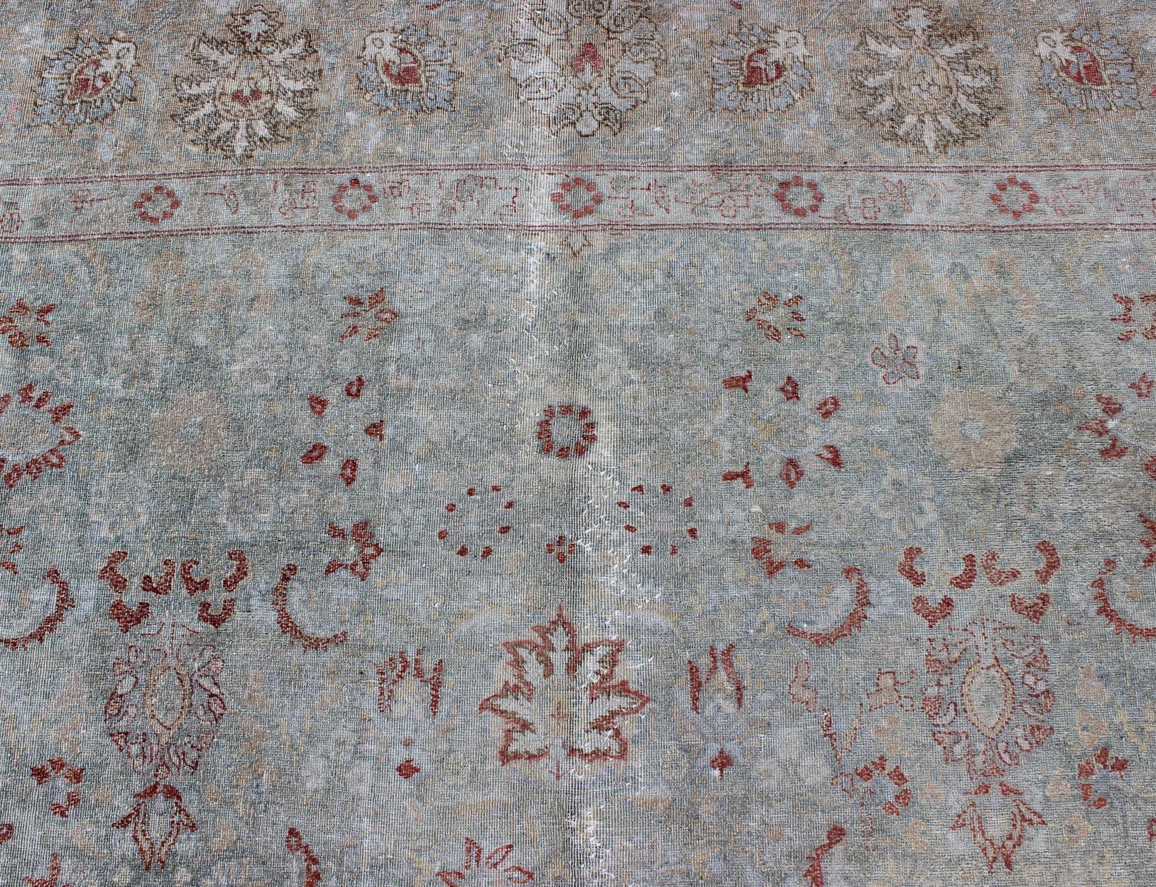 Light Blue Antique Persian Tabriz Rug with Floral Design and Hints of Red For Sale 7